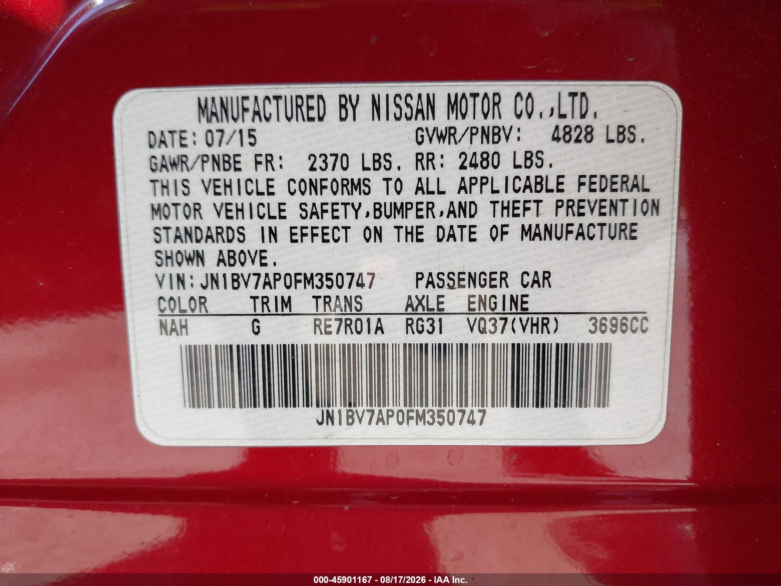 2015 Infiniti Q50 Premium Red vin: JN1BV7AP0FM350747