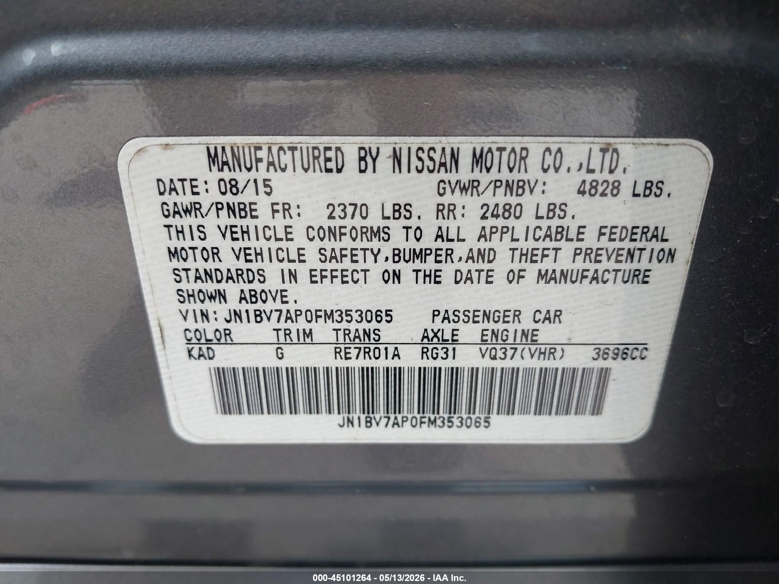 2015 Infiniti Q50 Sport Gray vin: JN1BV7AP0FM353065
