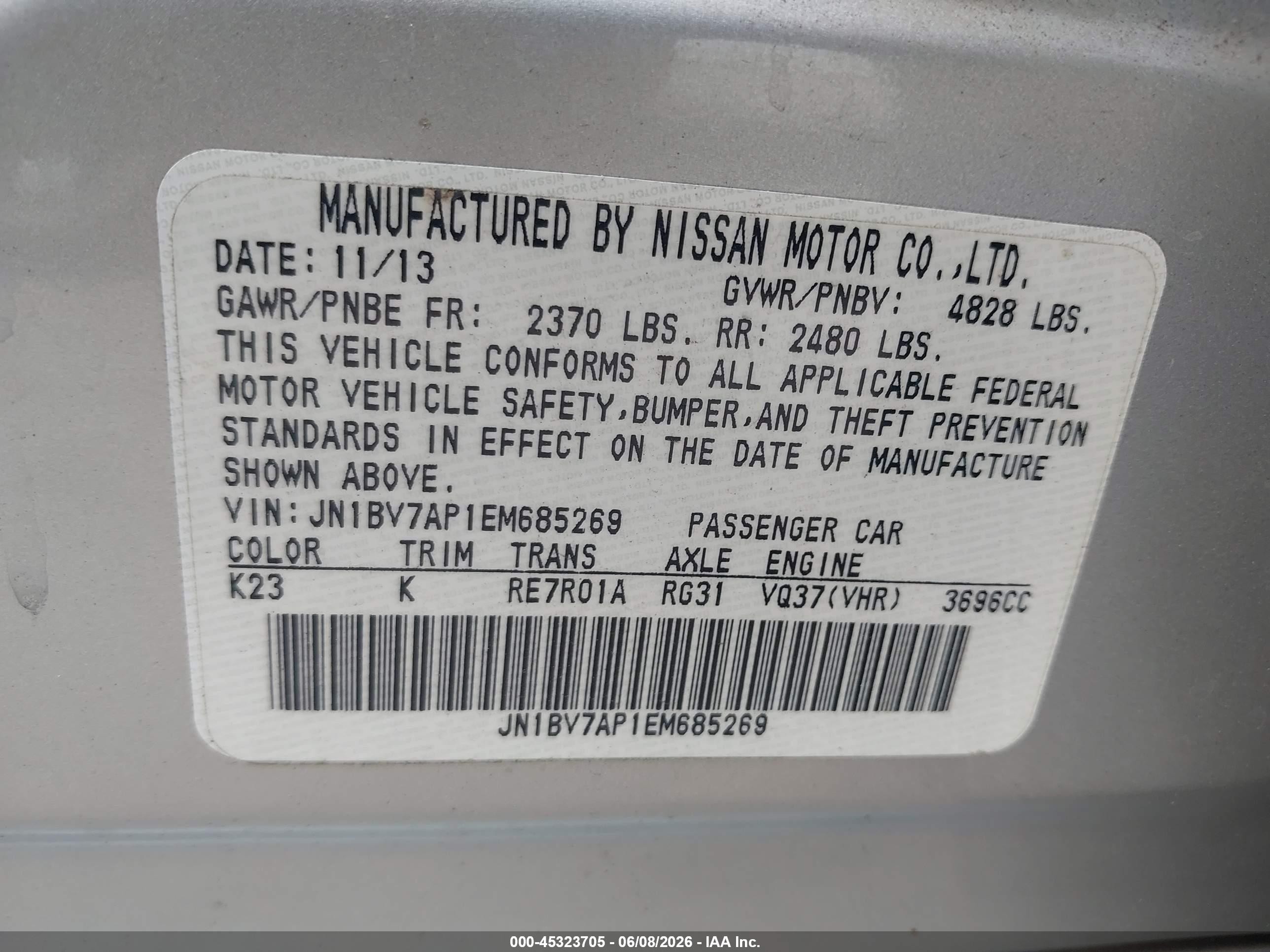2014 Infiniti Q50 Premium Silver vin: JN1BV7AP1EM685269
