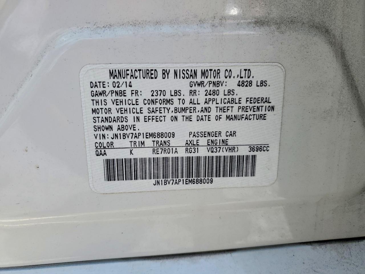 2014 Infiniti Q50 Base White vin: JN1BV7AP1EM688009