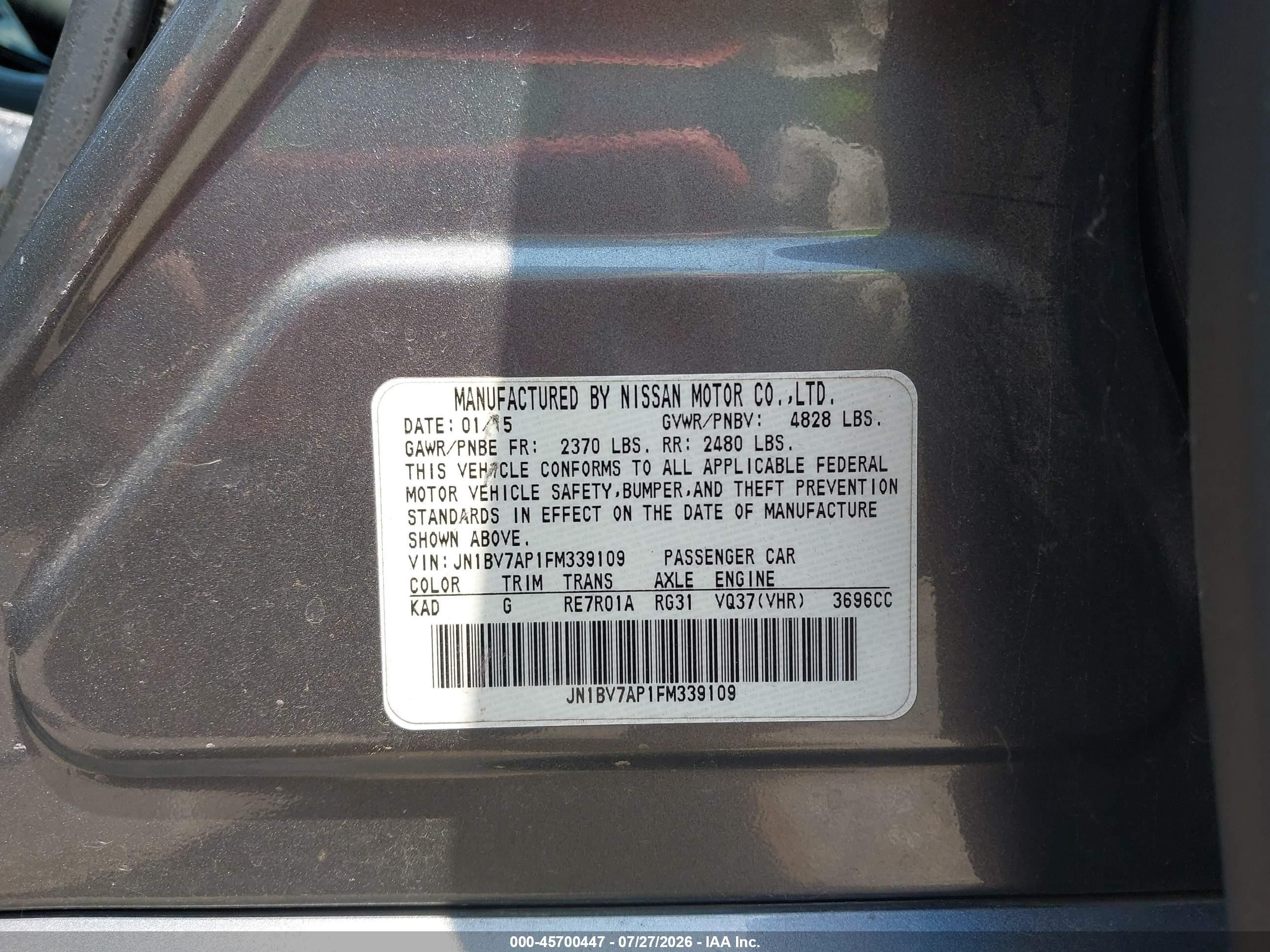 2015 Infiniti Q50 Premium Gray vin: JN1BV7AP1FM339109