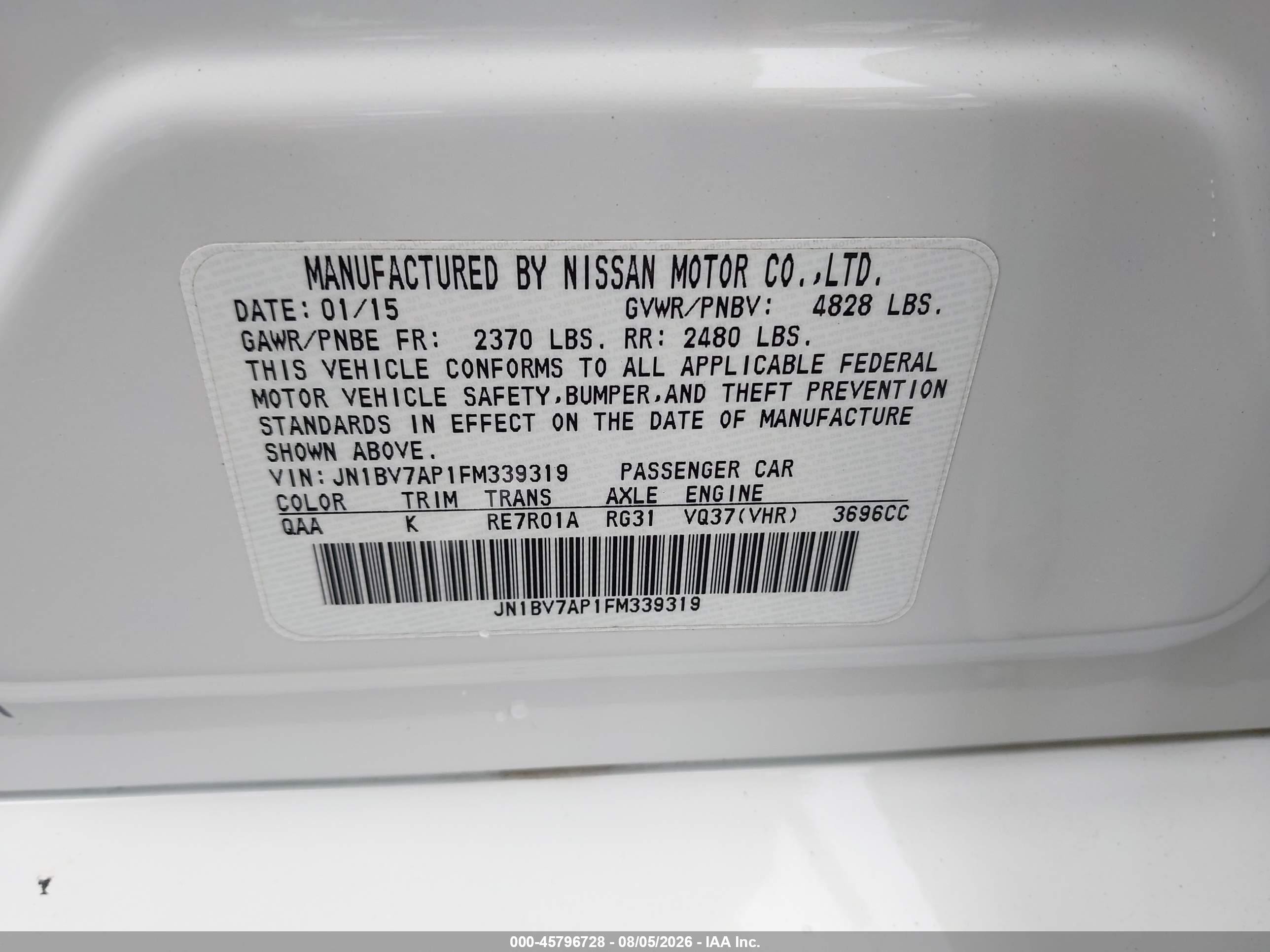 2015 Infiniti Q50   White vin: JN1BV7AP1FM339319