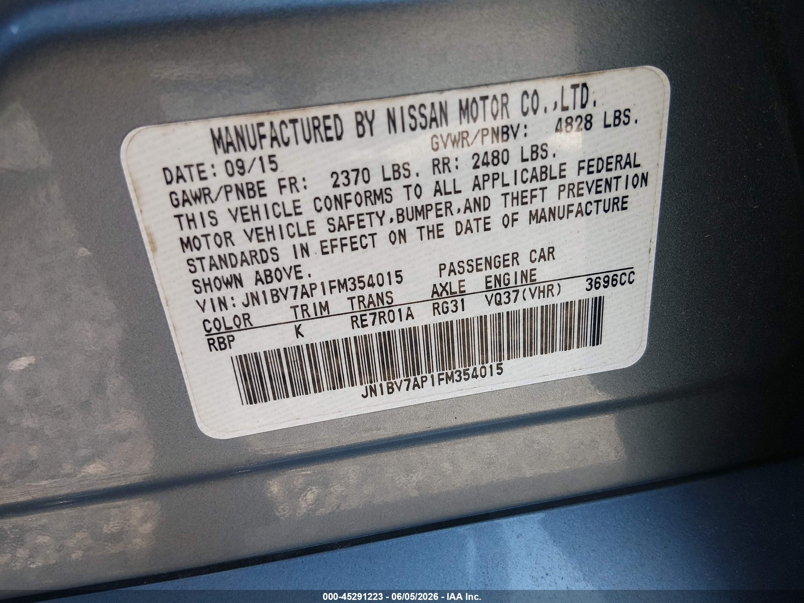 2015 Infiniti Q50 Premium Silver vin: JN1BV7AP1FM354015