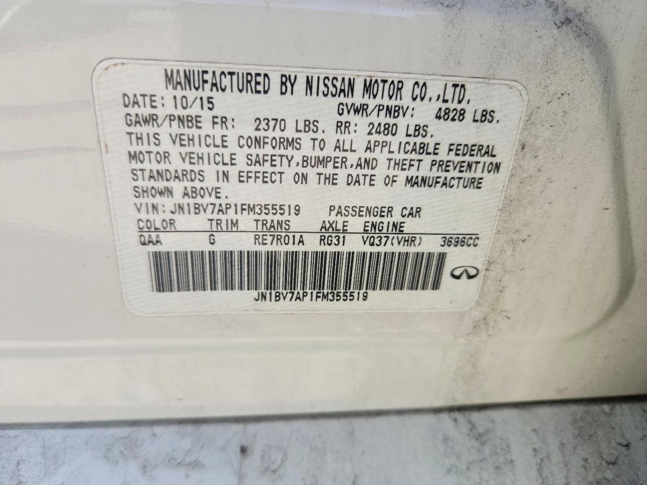 2015 Infiniti Q50 Base White vin: JN1BV7AP1FM355519