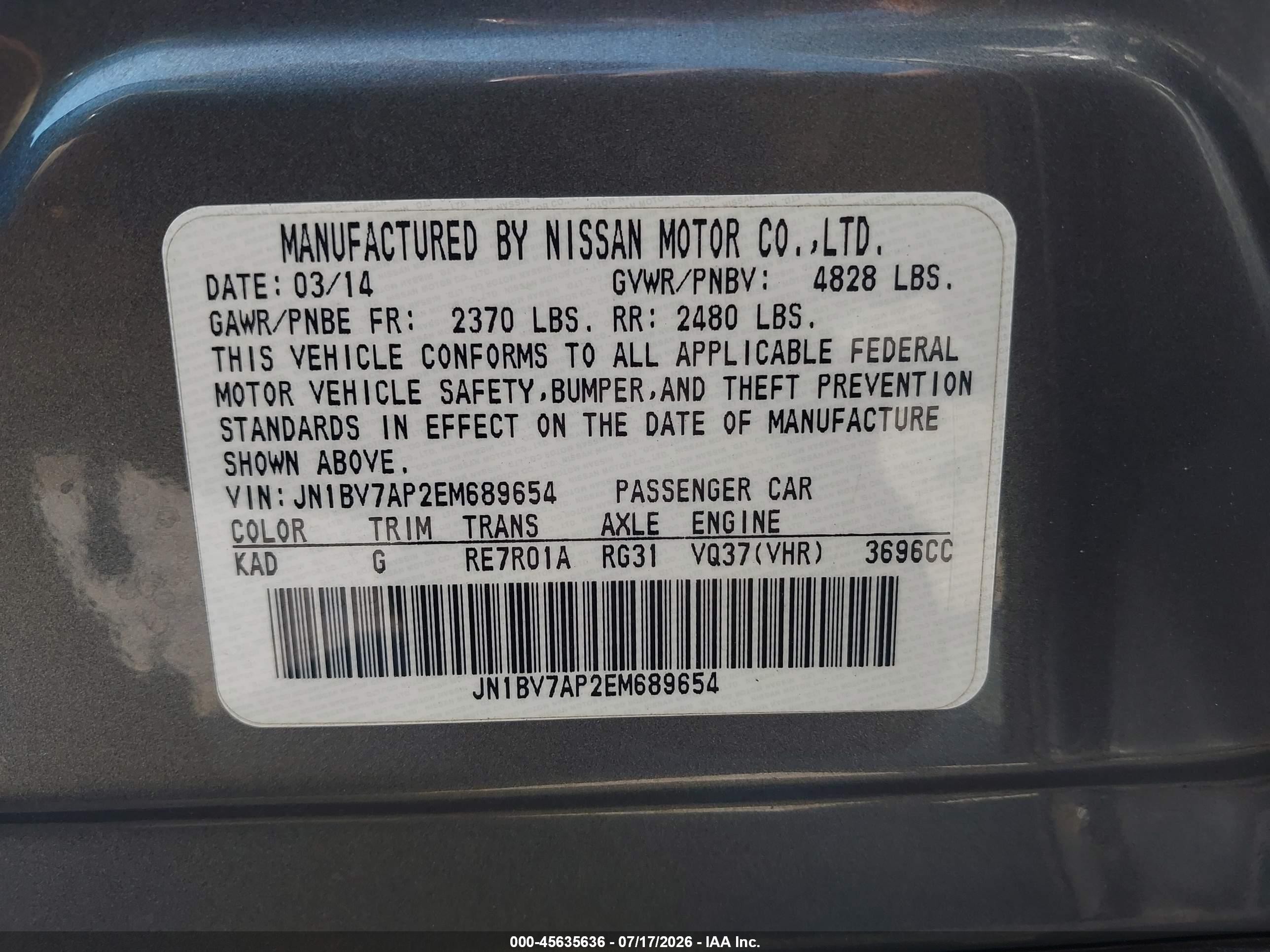 2014 Infiniti Q50 Premium Gray vin: JN1BV7AP2EM689654
