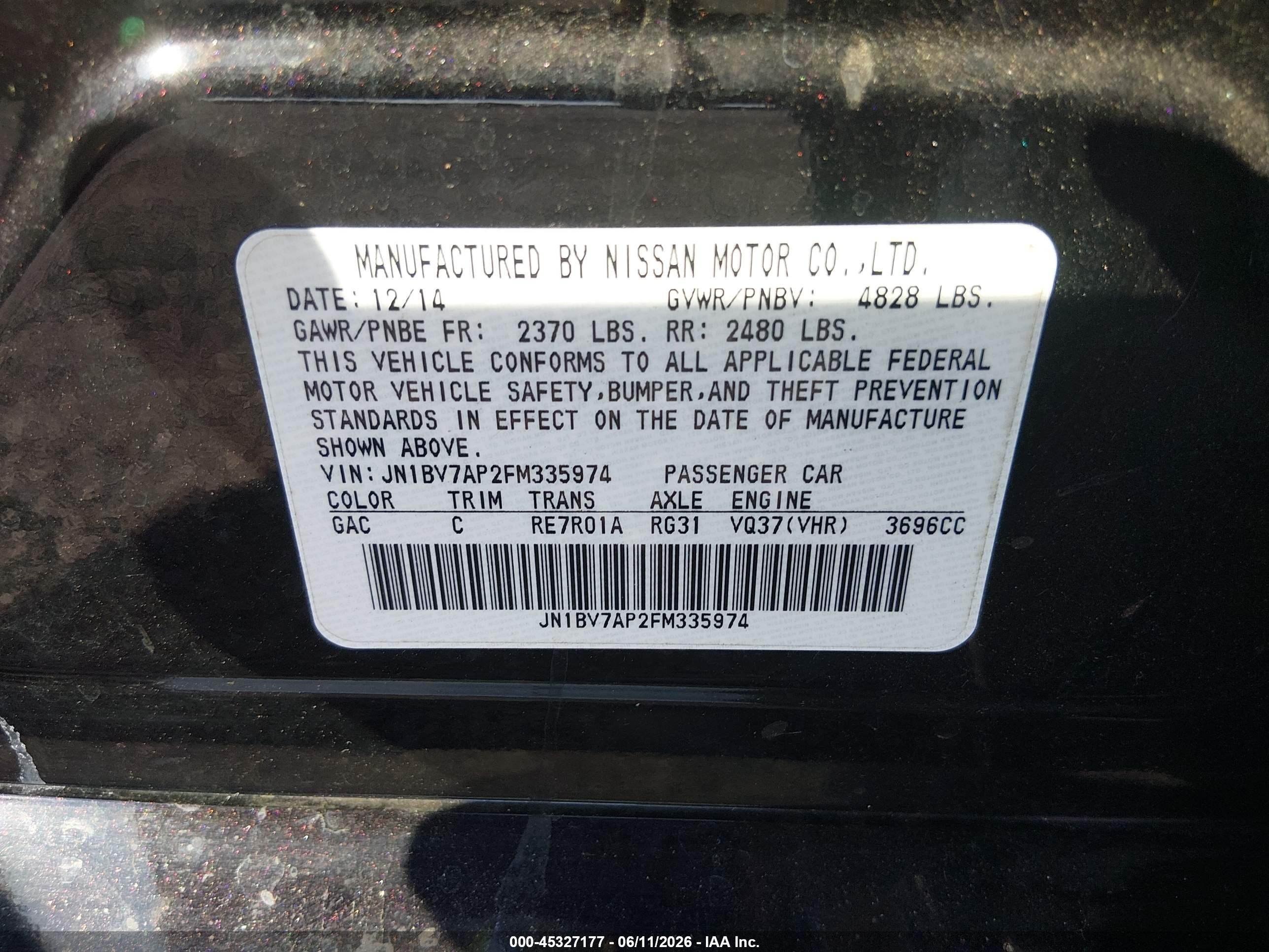 2015 Infiniti Q50 Premium Black vin: JN1BV7AP2FM335974