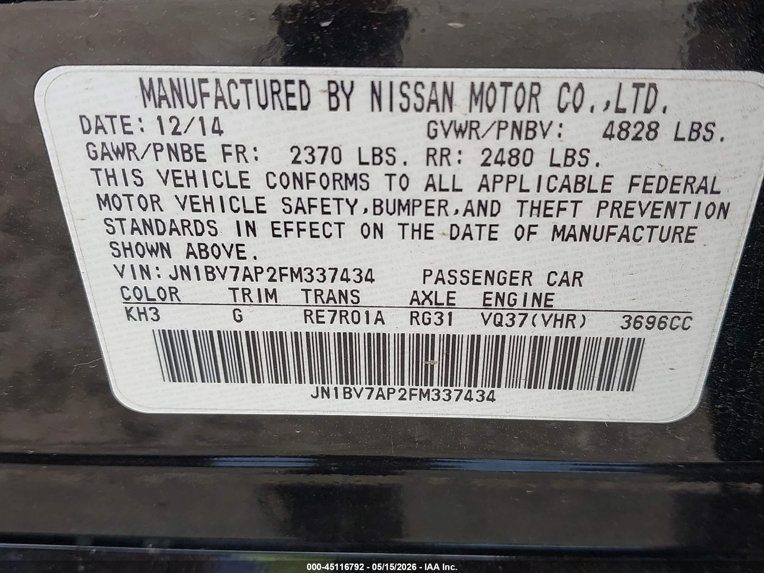 2015 Infiniti Q50 Premium Black vin: JN1BV7AP2FM337434