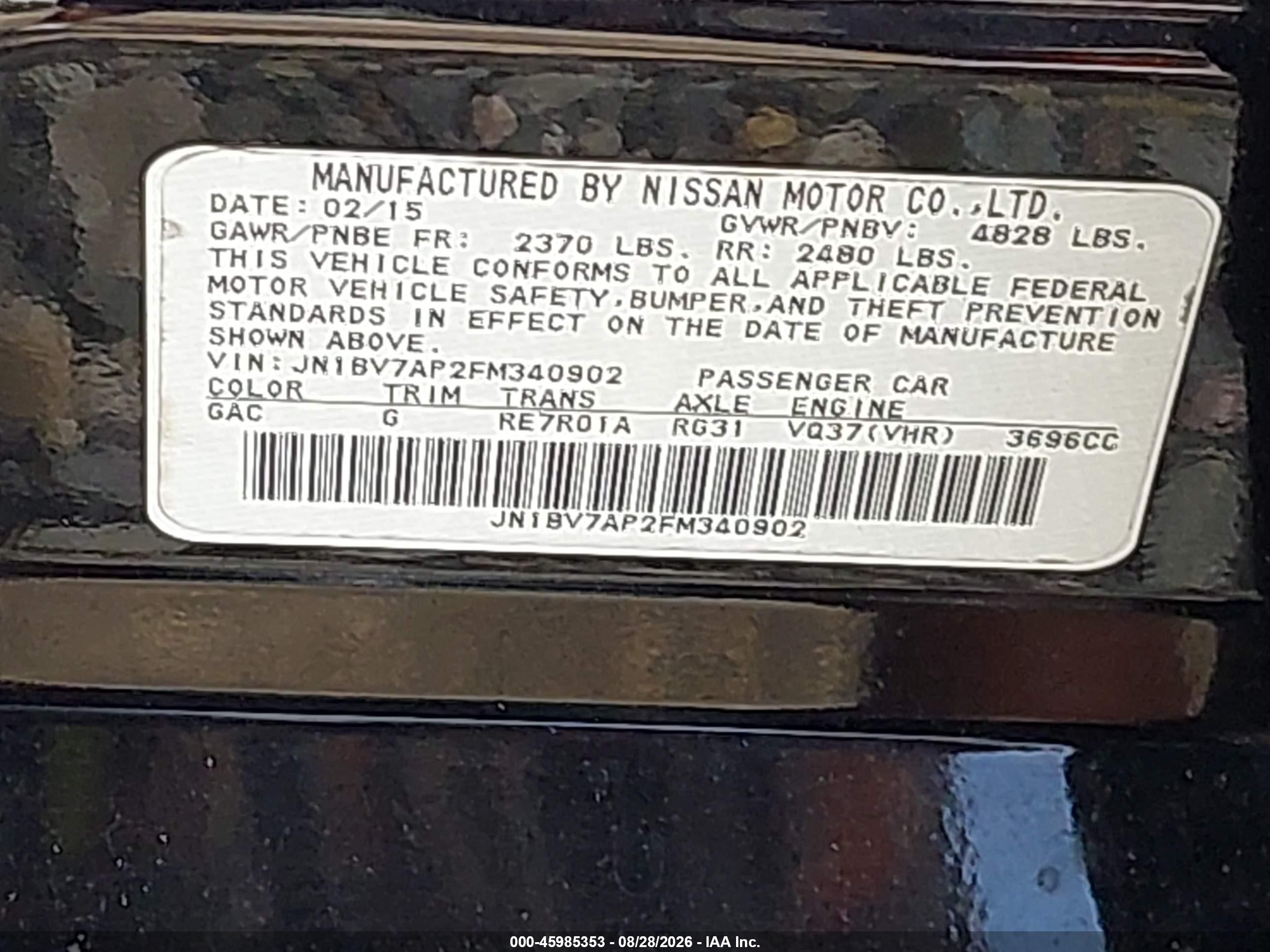 2015 Infiniti Q50 Premium Black vin: JN1BV7AP2FM340902