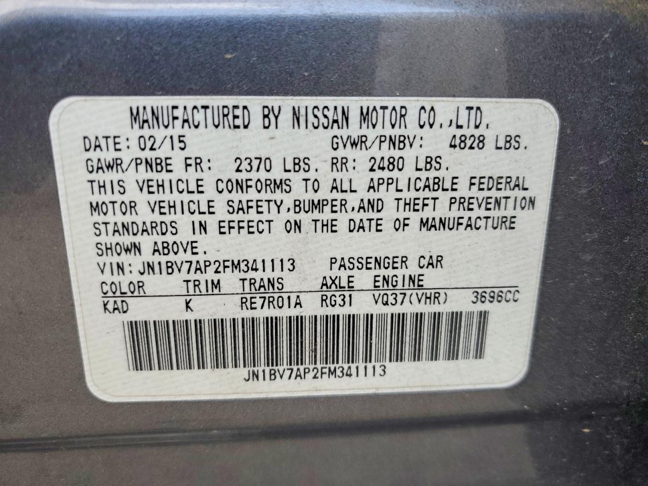 2015 Infiniti Q50 Premium Gray vin: JN1BV7AP2FM341113