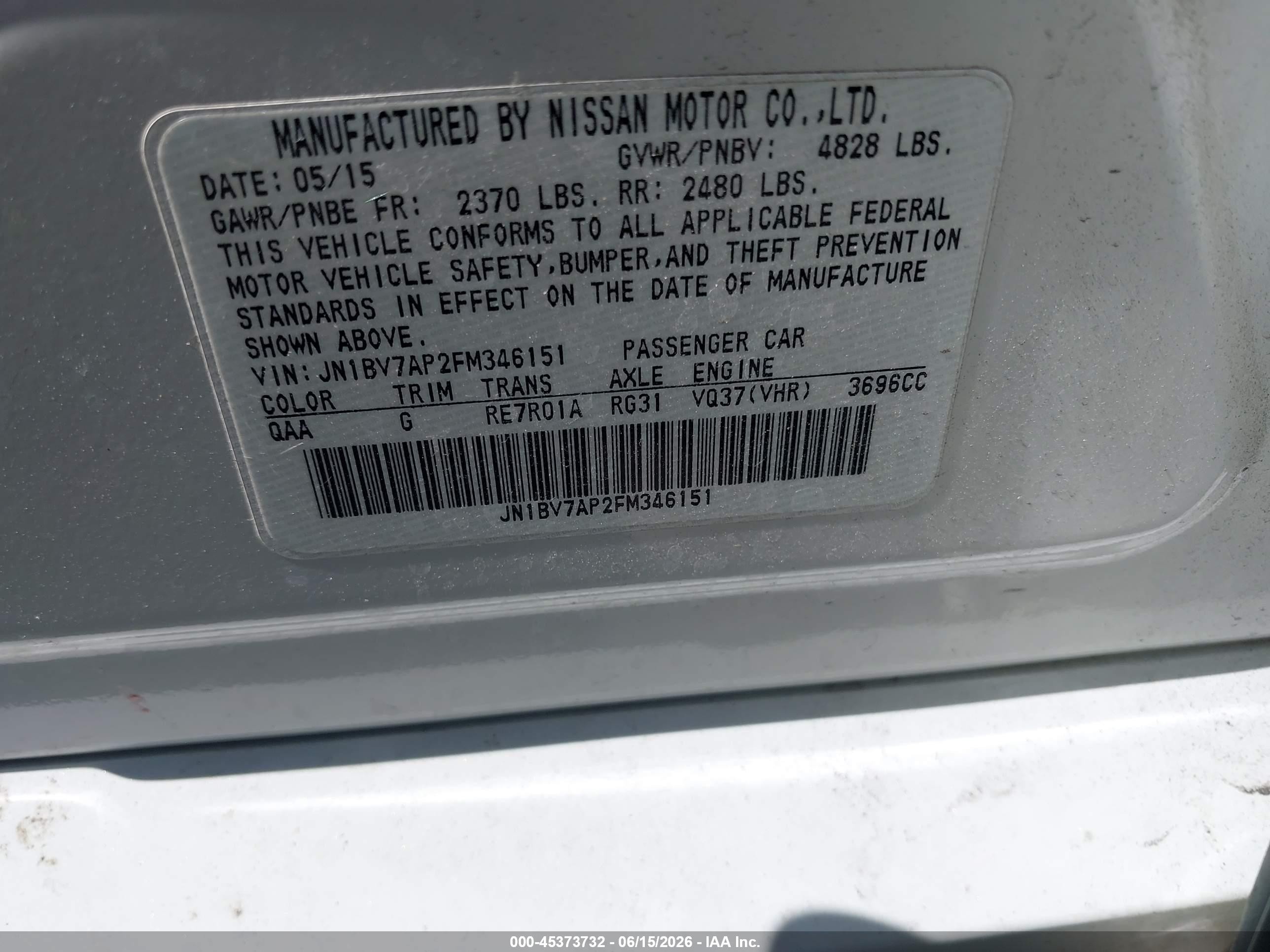 2015 Infiniti Q50   White vin: JN1BV7AP2FM346151