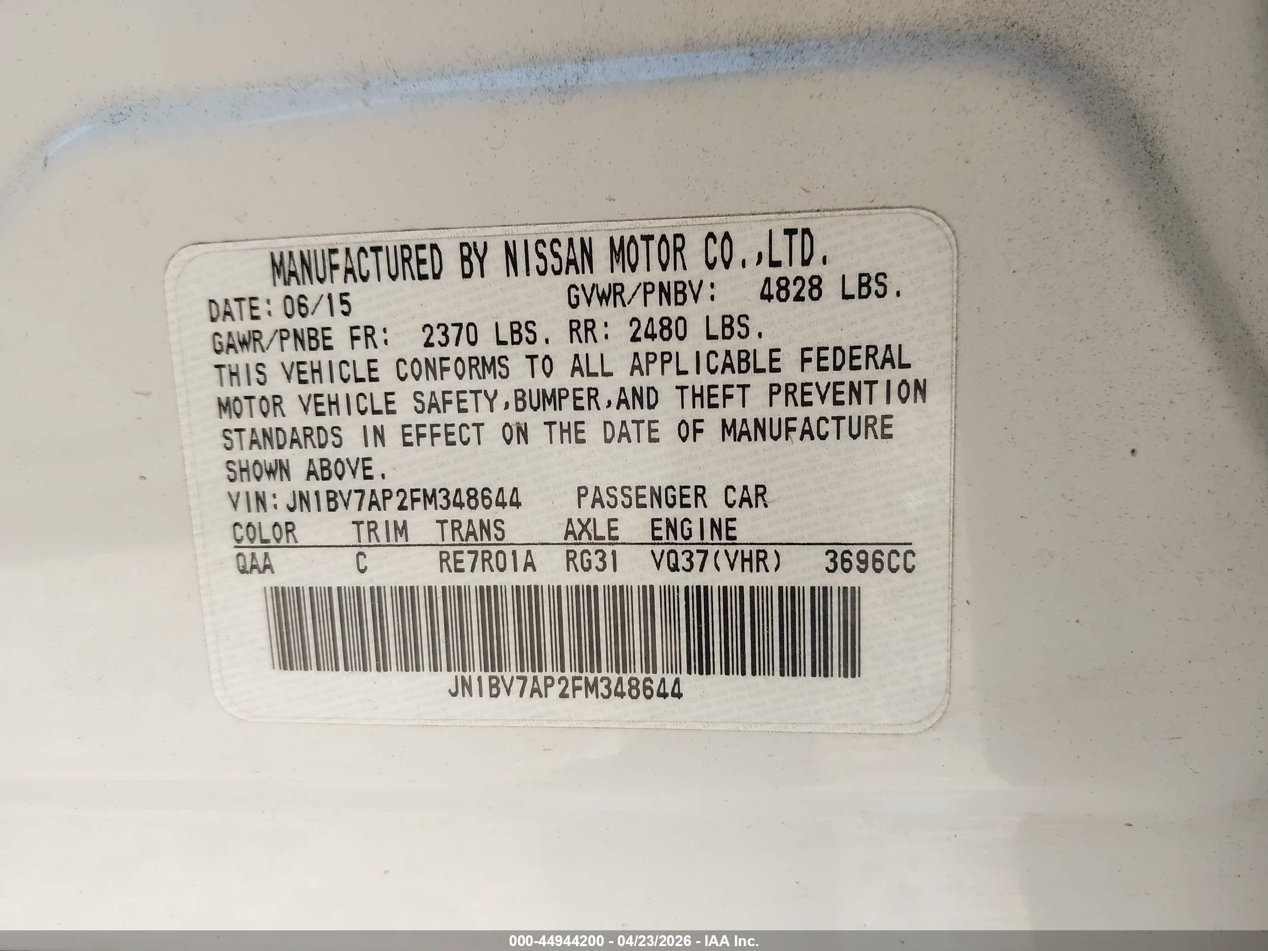 2015 Infiniti Q50 Premium White vin: JN1BV7AP2FM348644