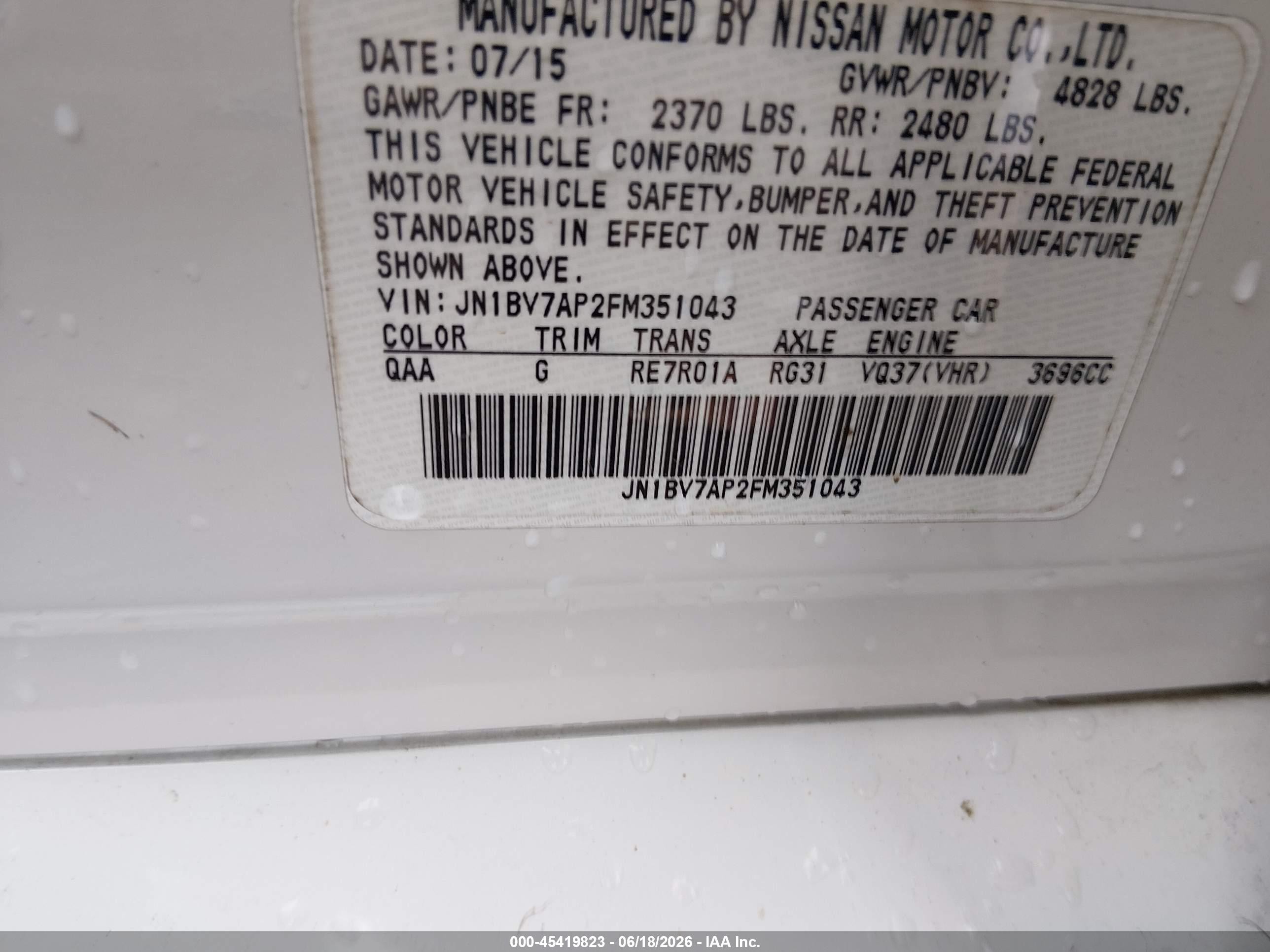 2015 Infiniti Q50 Premium White vin: JN1BV7AP2FM351043