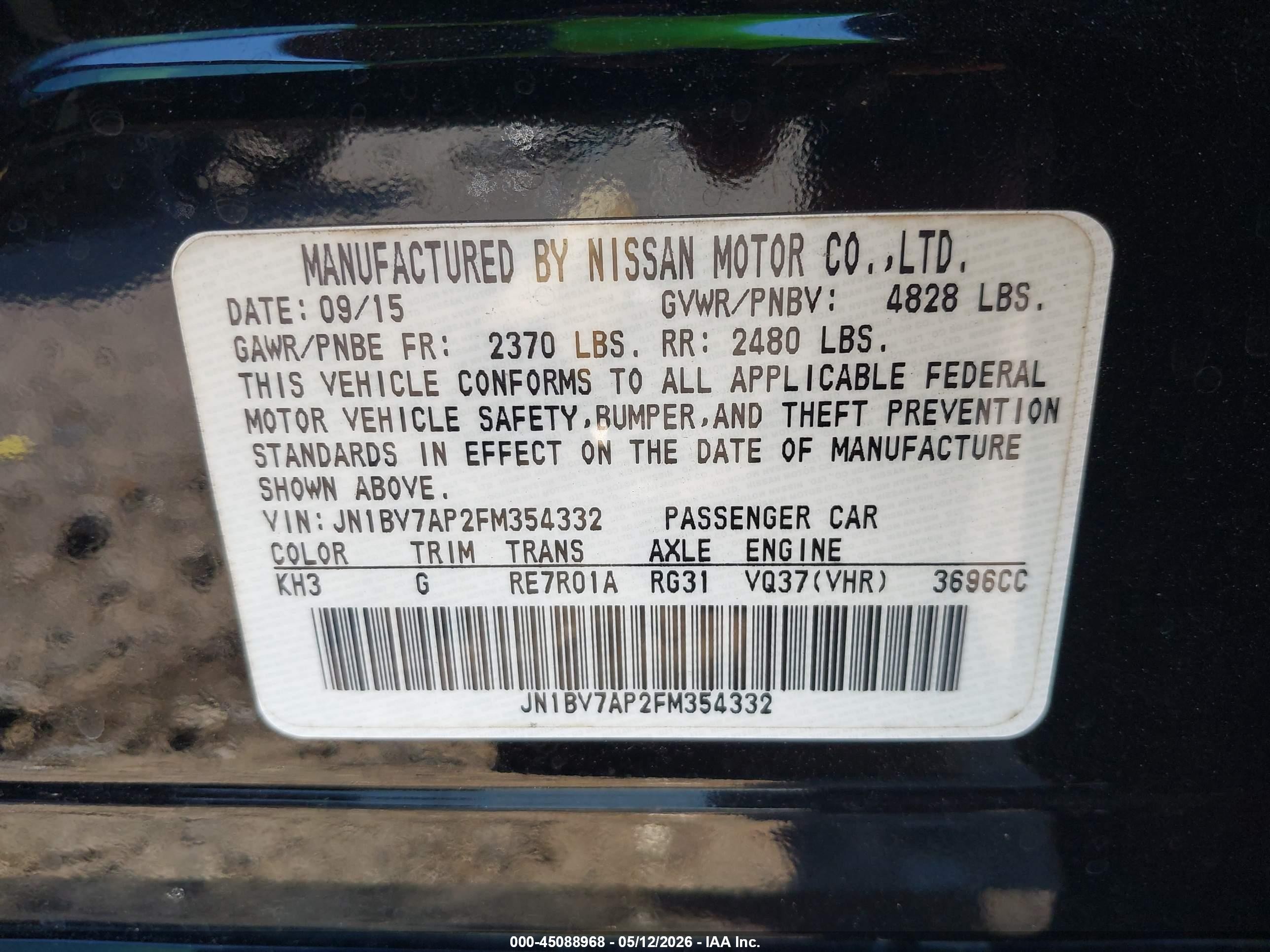 2015 Infiniti Q50 Premium Black vin: JN1BV7AP2FM354332
