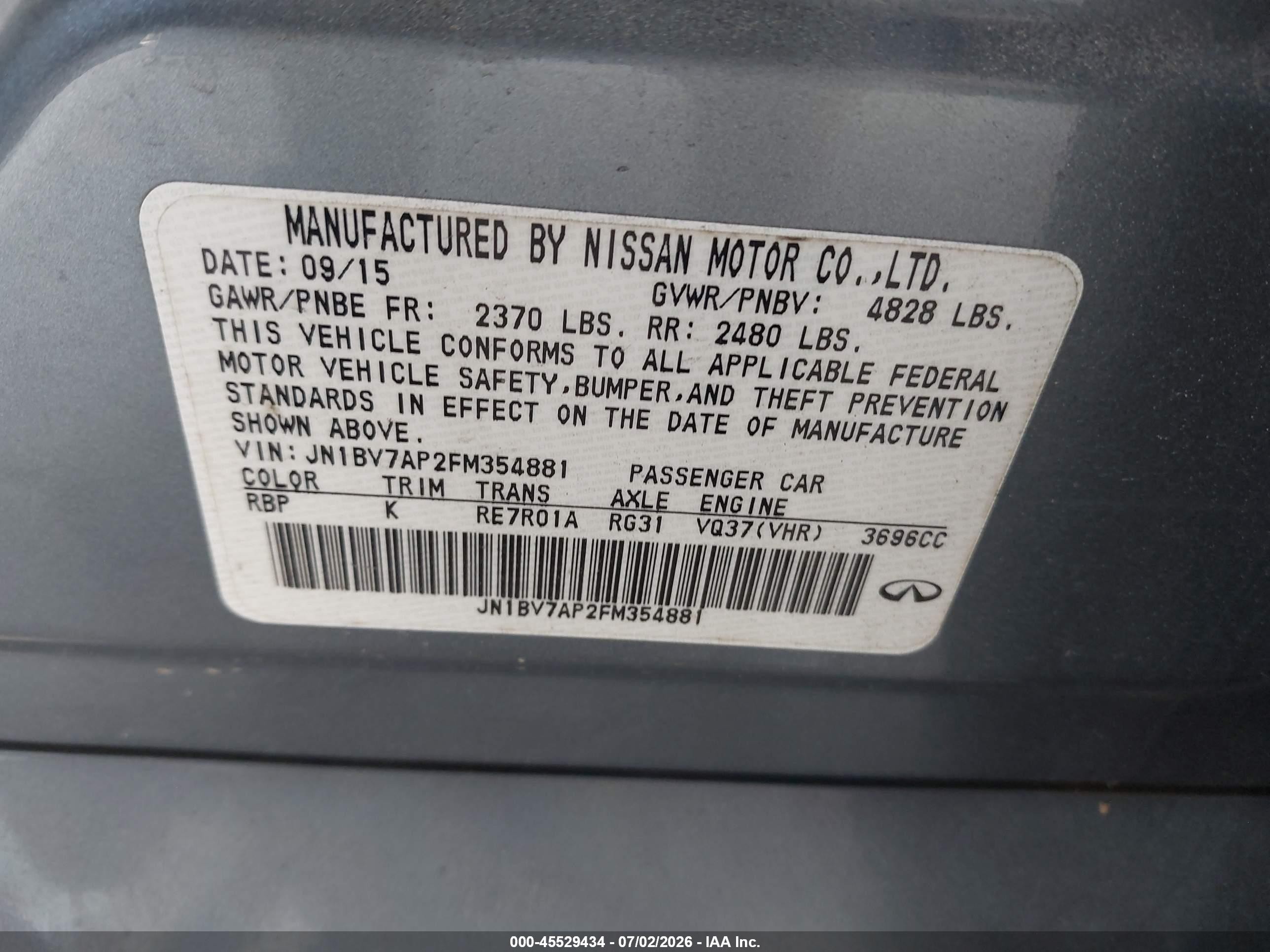2015 Infiniti Q50 Premium Blue vin: JN1BV7AP2FM354881