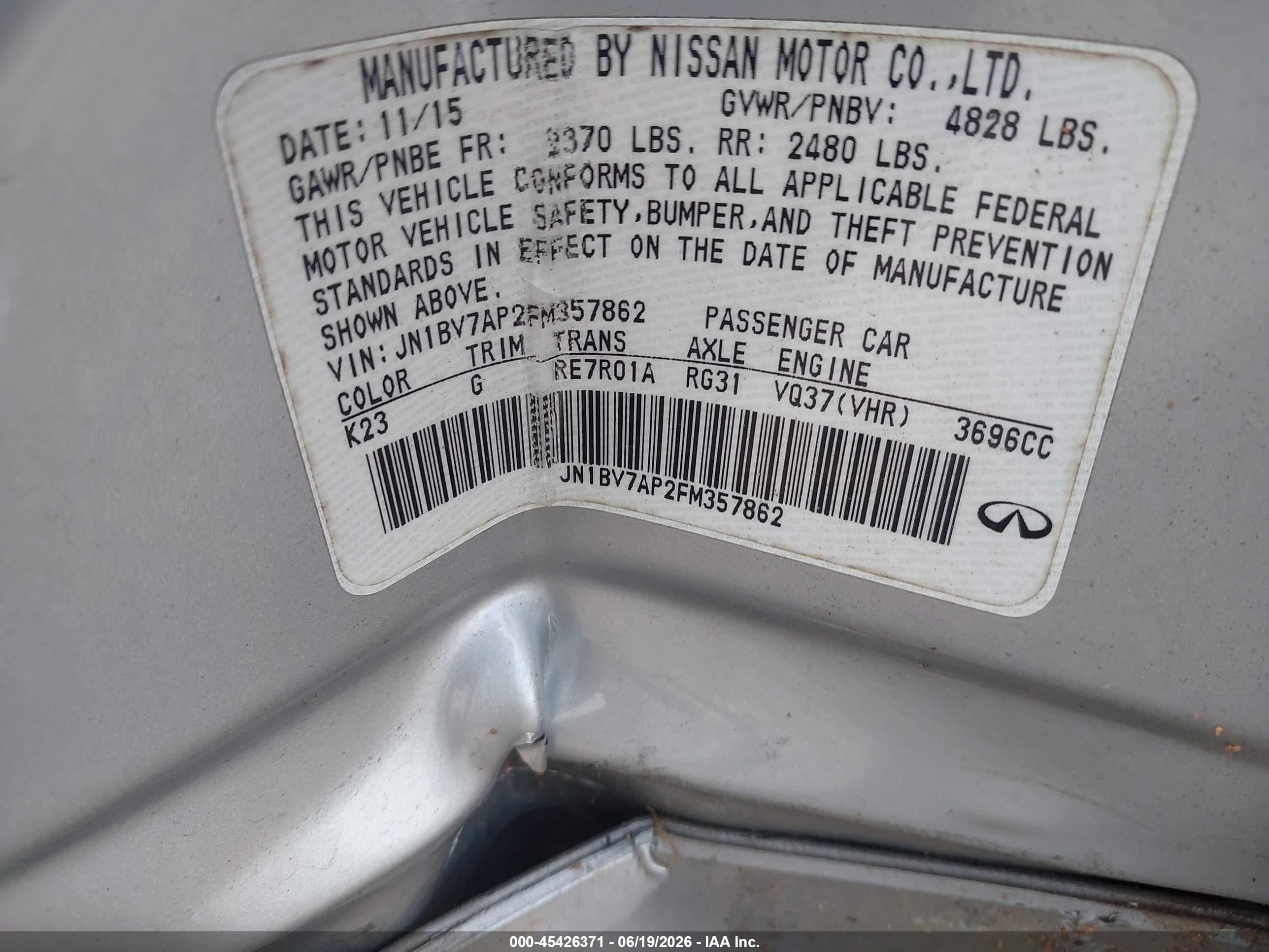 2015 Infiniti Q50 Premium Silver vin: JN1BV7AP2FM357862