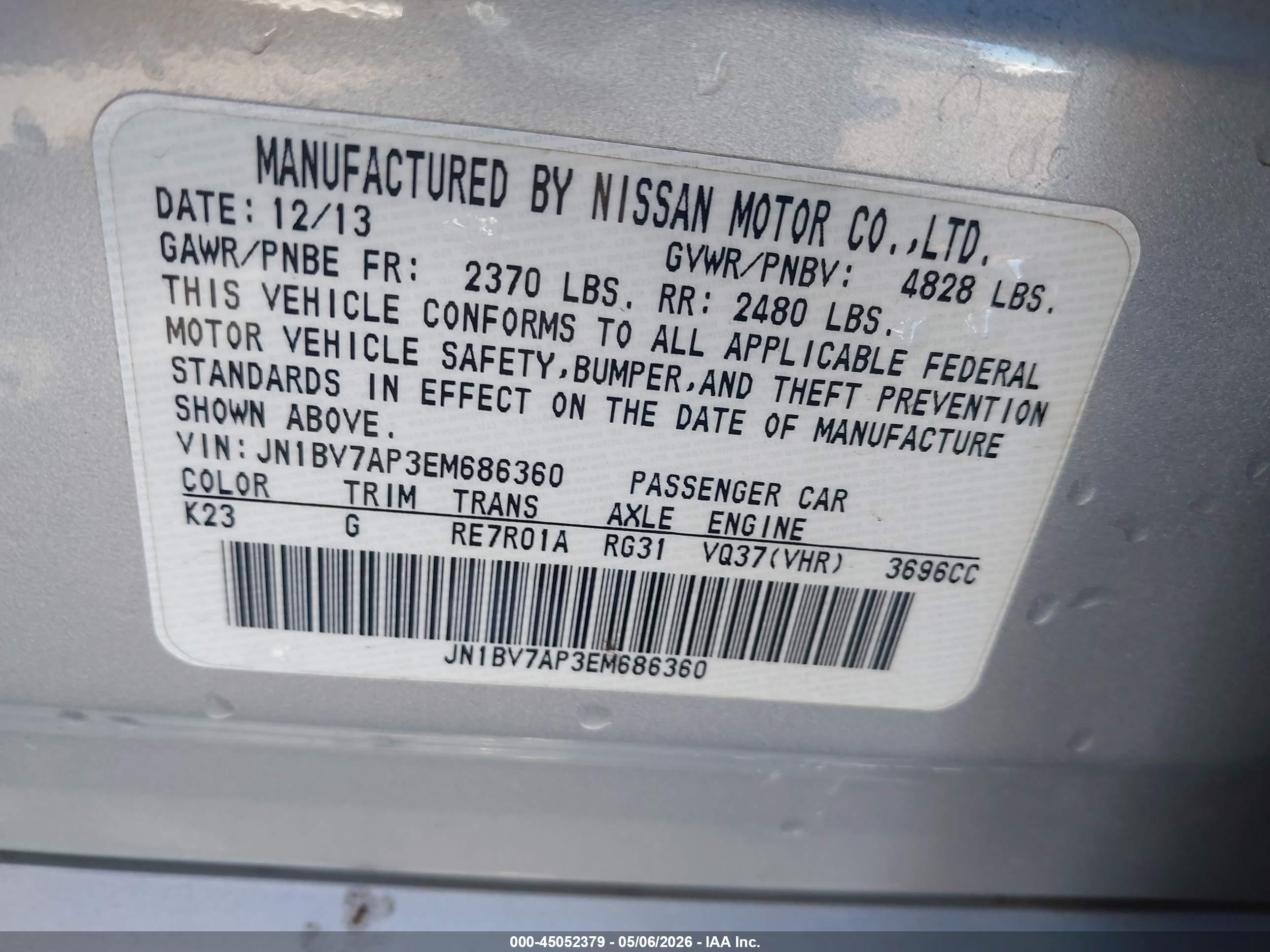 2014 Infiniti Q50 Premium/sport Серебряный vin: JN1BV7AP3EM686360