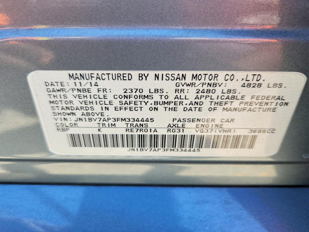 2015 Infiniti Q50 Base Синий vin: JN1BV7AP3FM334445
