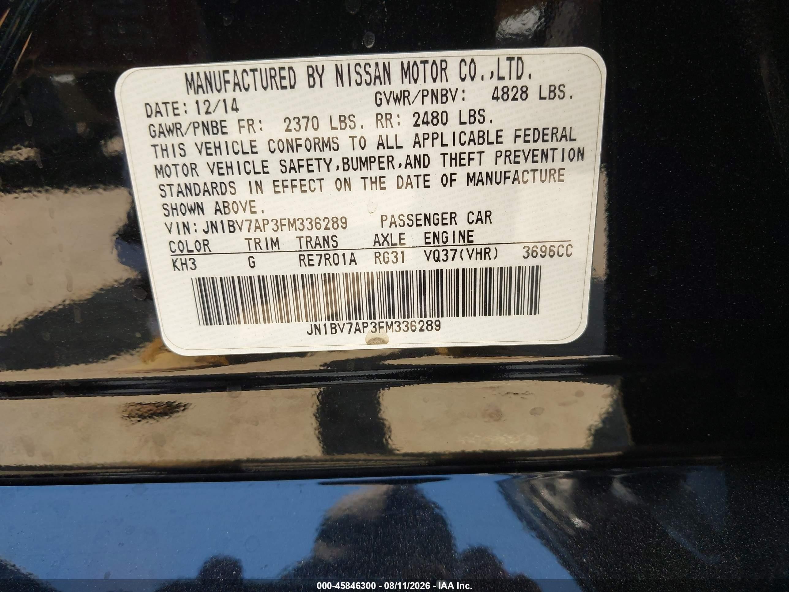 2015 Infiniti Q50 Premium/sport Black vin: JN1BV7AP3FM336289