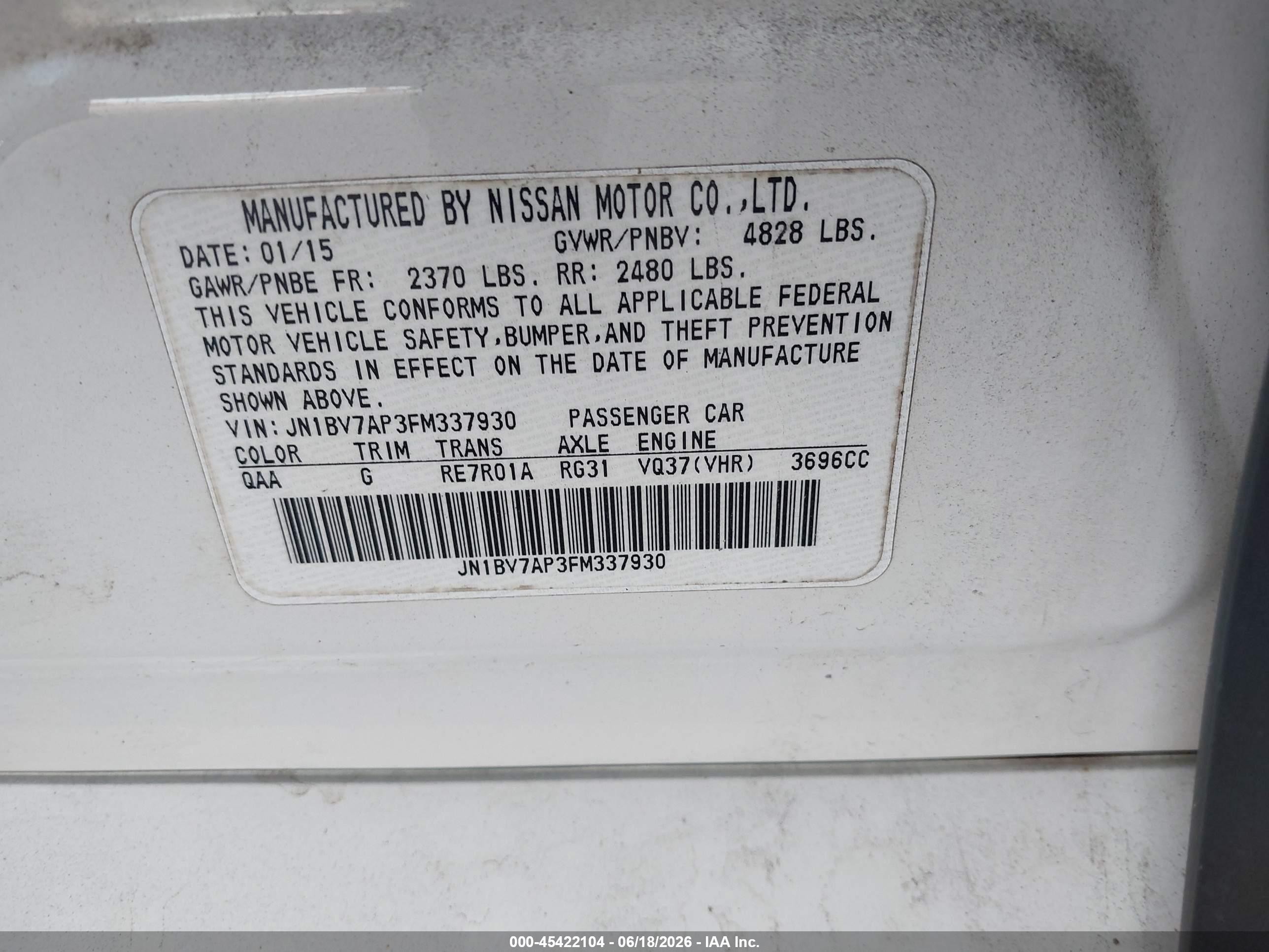 2015 Infiniti Q50 Premium White vin: JN1BV7AP3FM337930