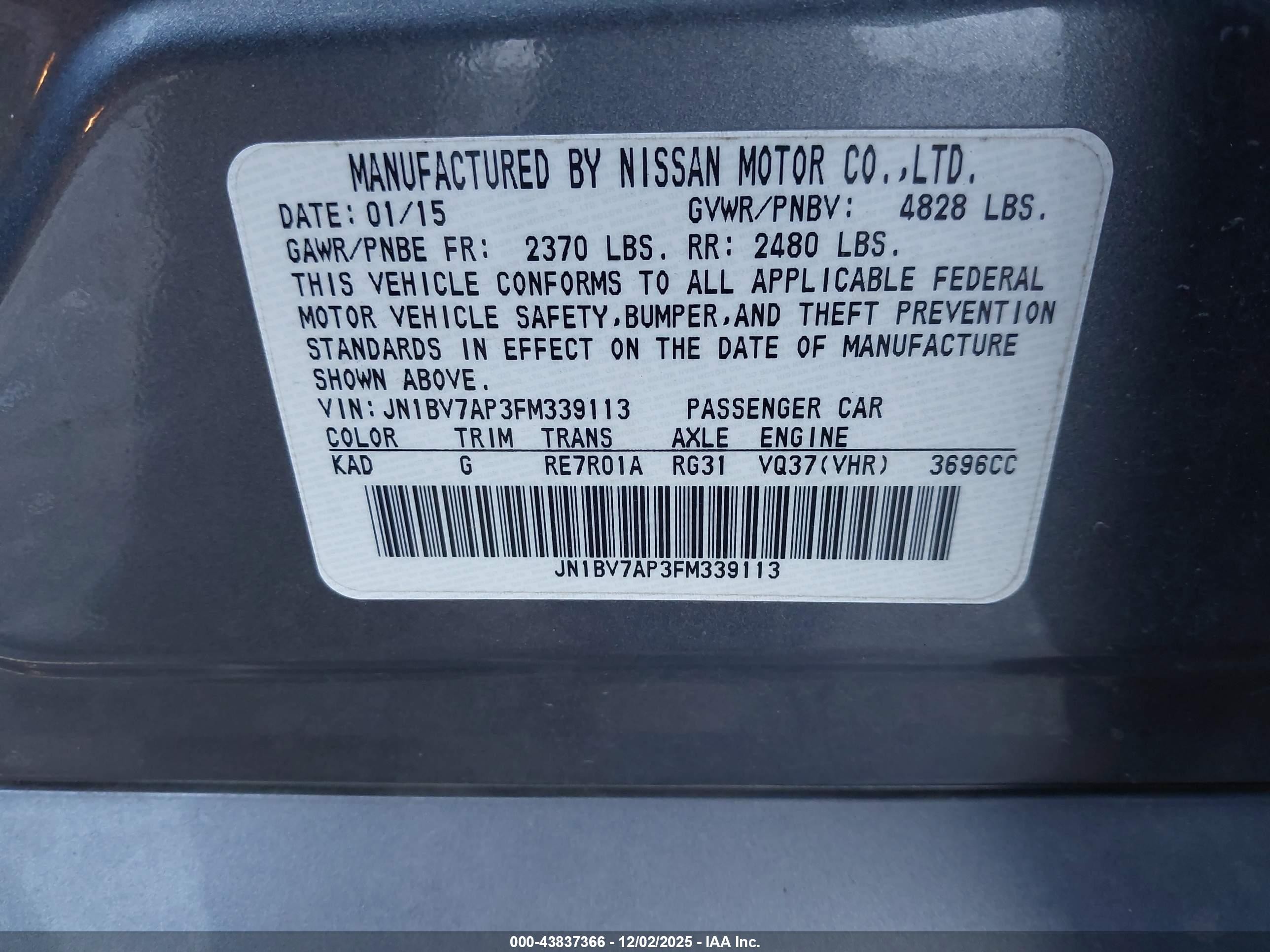 2015 Infiniti Q50 Premium/sport Gray vin: JN1BV7AP3FM339113