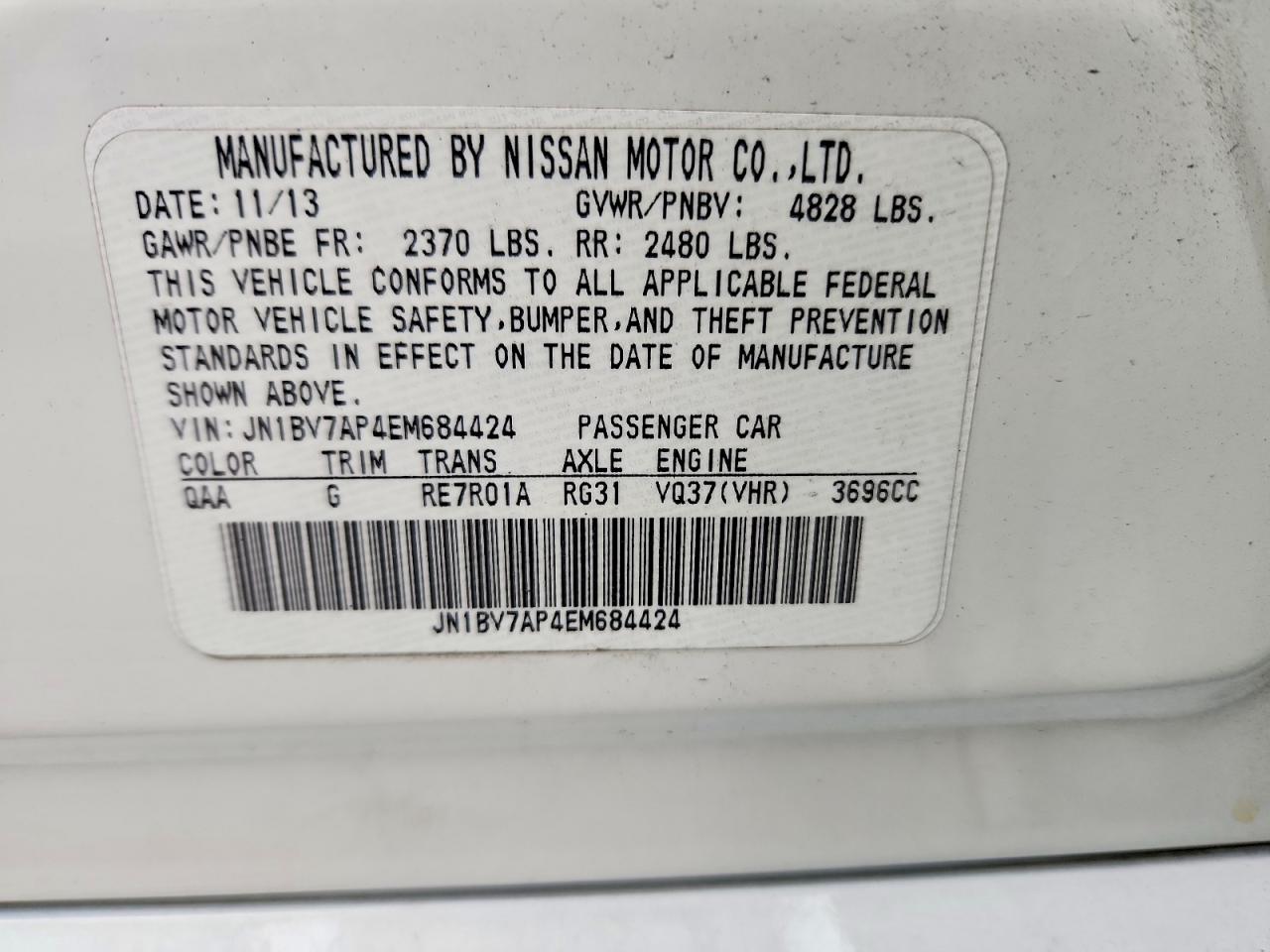 2014 Infiniti Q50 Sport White vin: JN1BV7AP4EM684424