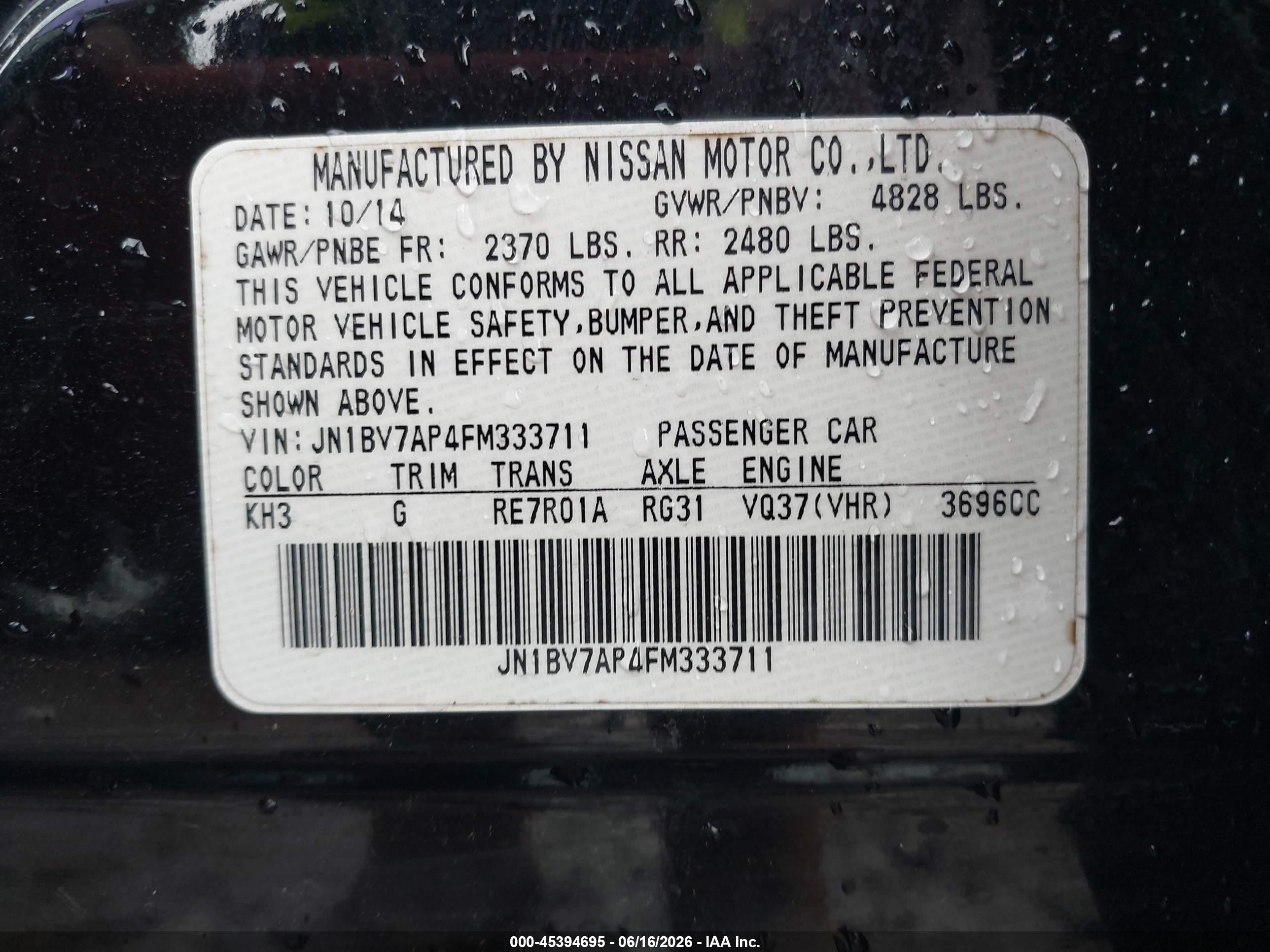 2015 Infiniti Q50 Premium Black vin: JN1BV7AP4FM333711