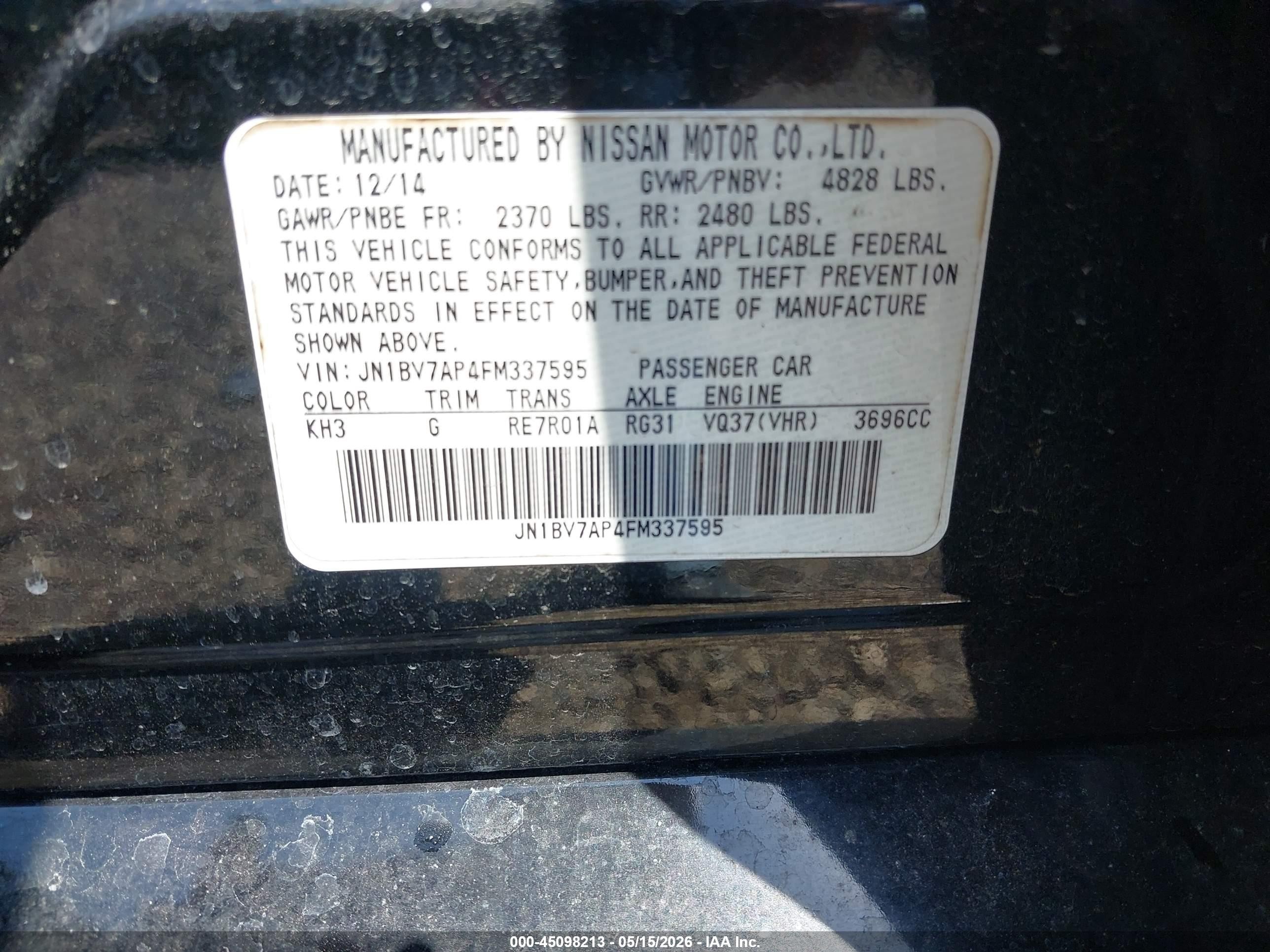2015 Infiniti Q50 Sport Black vin: JN1BV7AP4FM337595