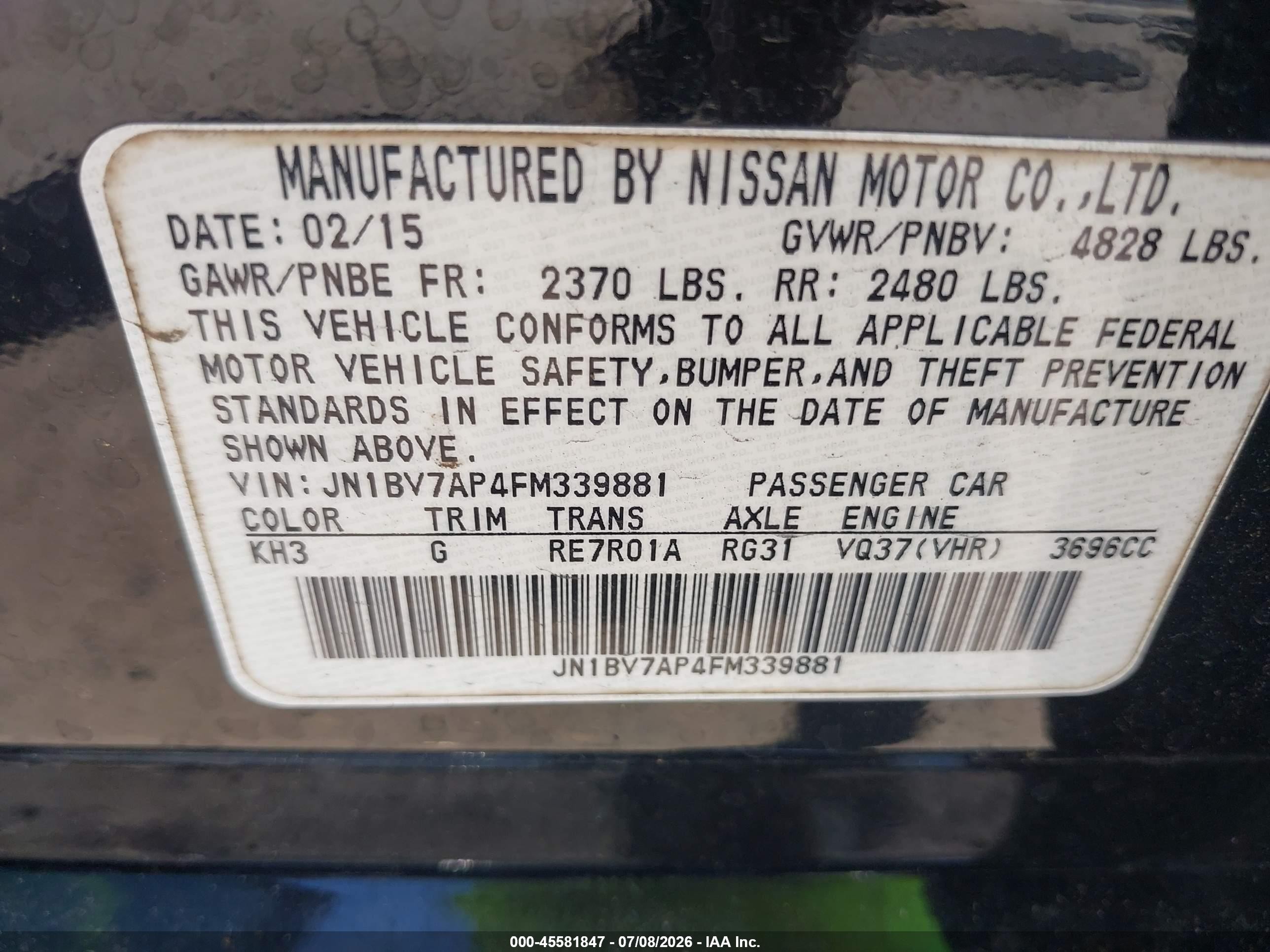 2015 Infiniti Q50 Premium Black vin: JN1BV7AP4FM339881
