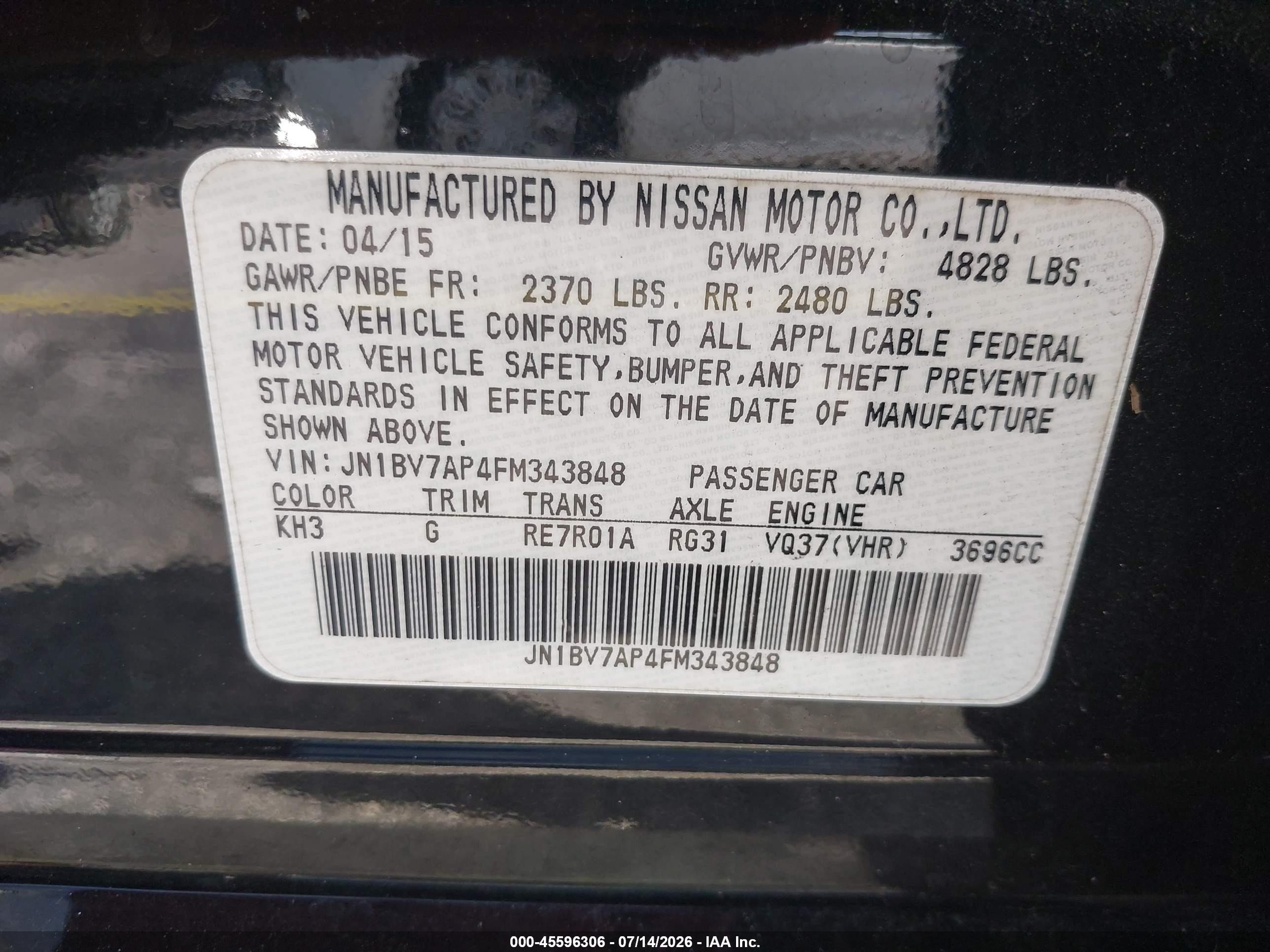 2015 Infiniti Q50 Premium/sport Black vin: JN1BV7AP4FM343848
