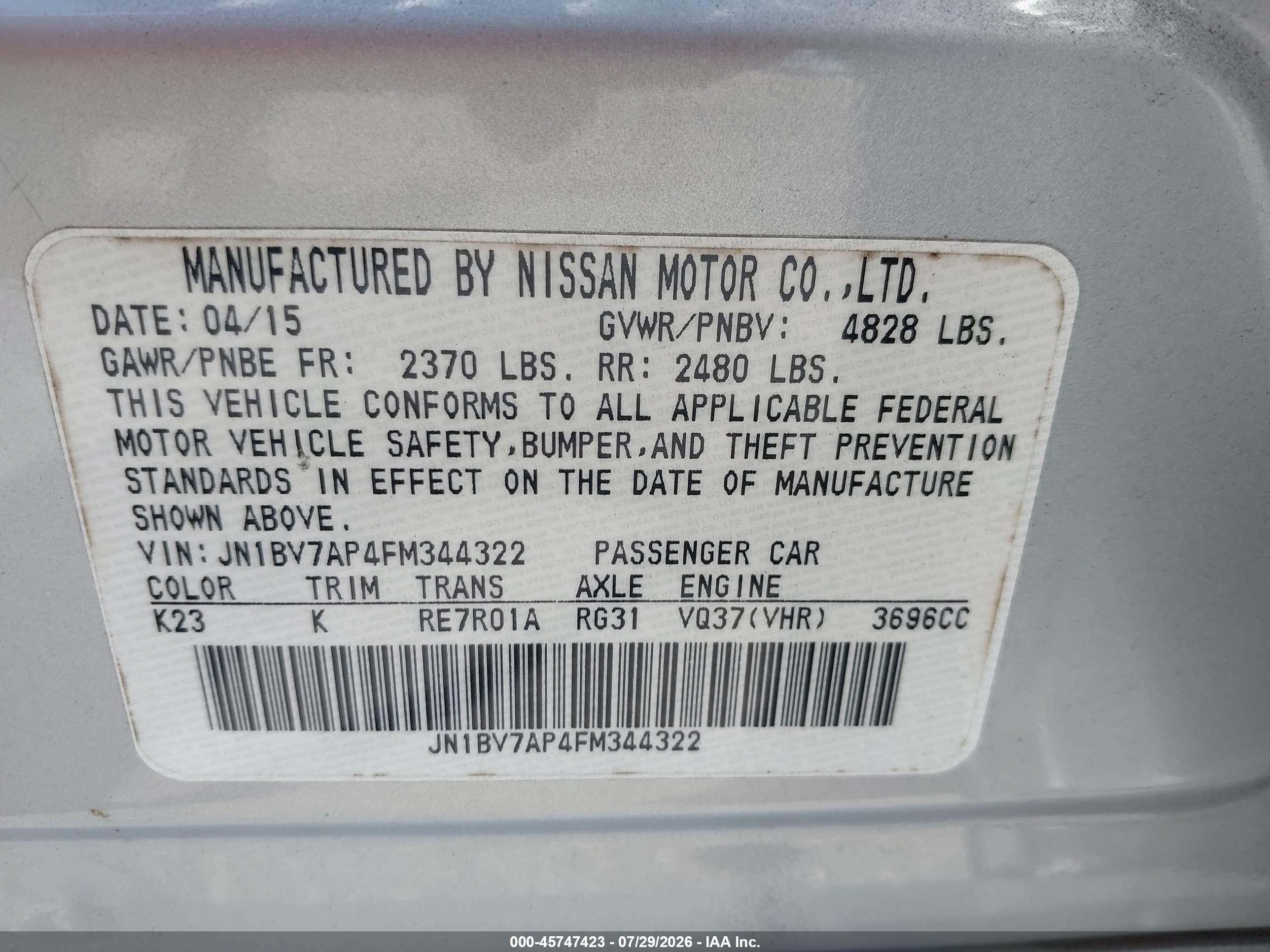 2015 Infiniti Q50 Premium Silver vin: JN1BV7AP4FM344322