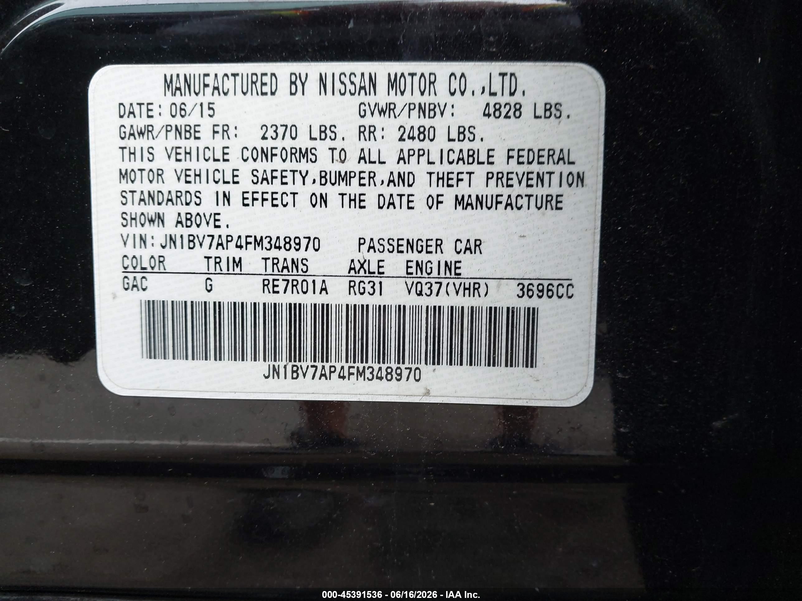 2015 Infiniti Q50 Premium Black vin: JN1BV7AP4FM348970