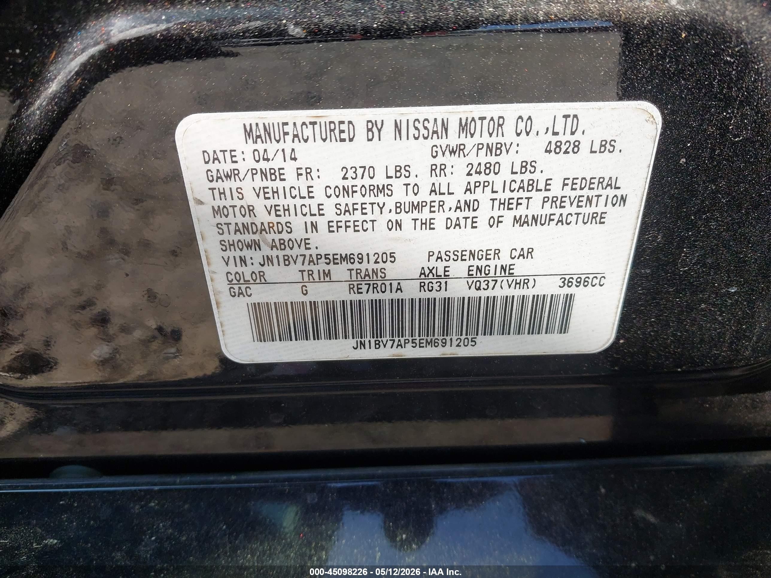 2014 Infiniti Q50 Premium Black vin: JN1BV7AP5EM691205