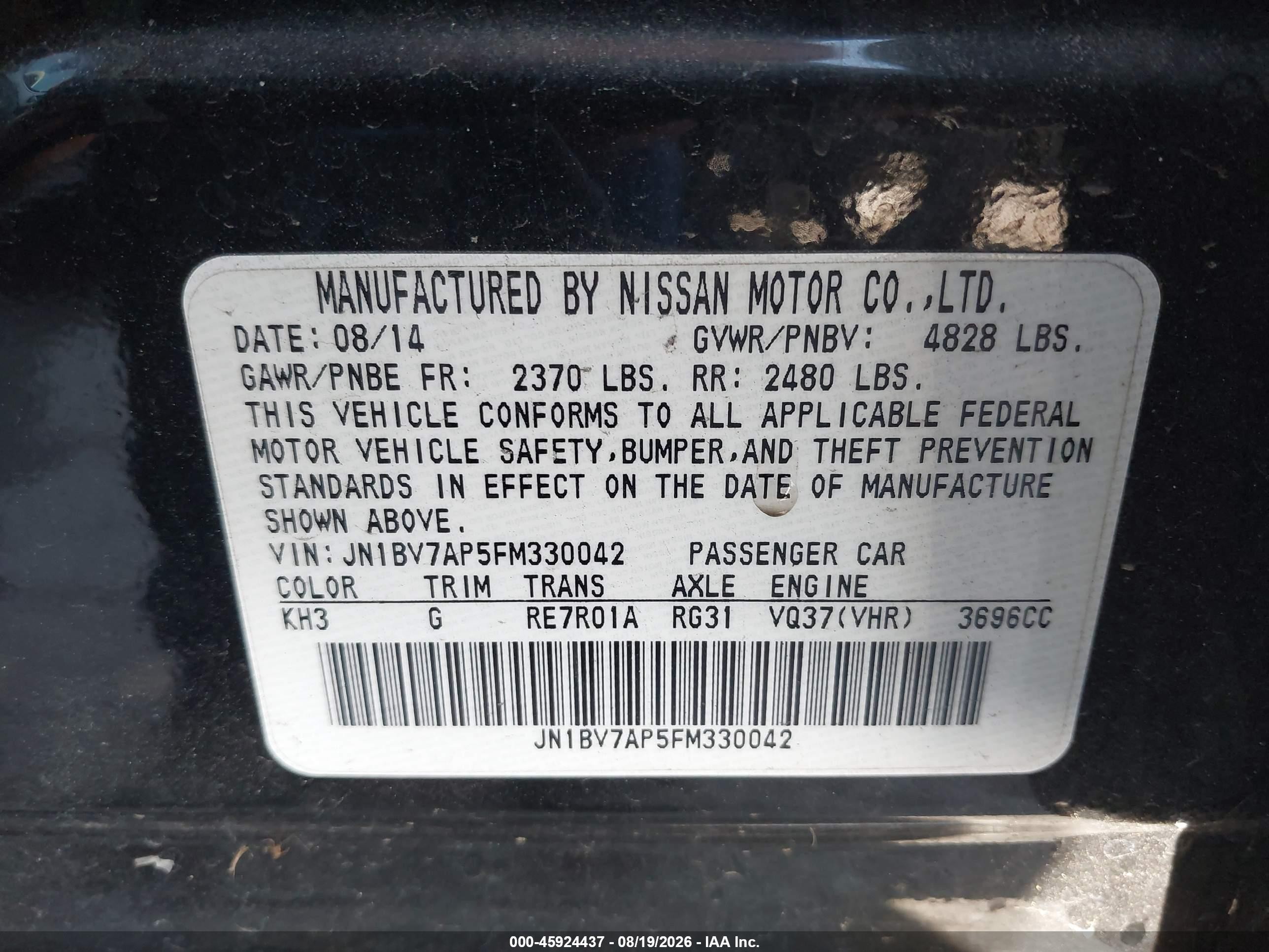 2015 Infiniti Q50 Premium/sport Black vin: JN1BV7AP5FM330042