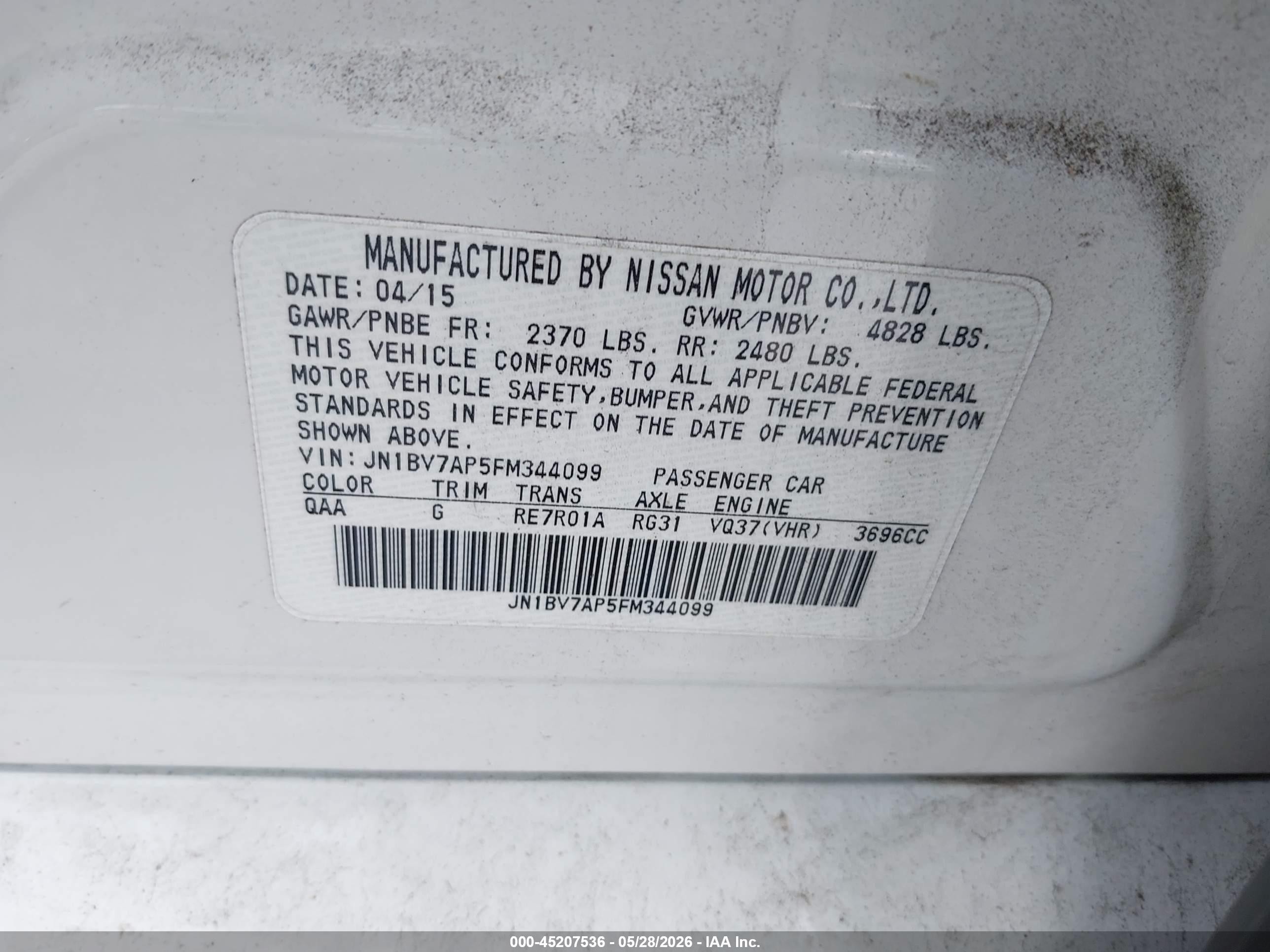 2015 Infiniti Q50 Premium White vin: JN1BV7AP5FM344099