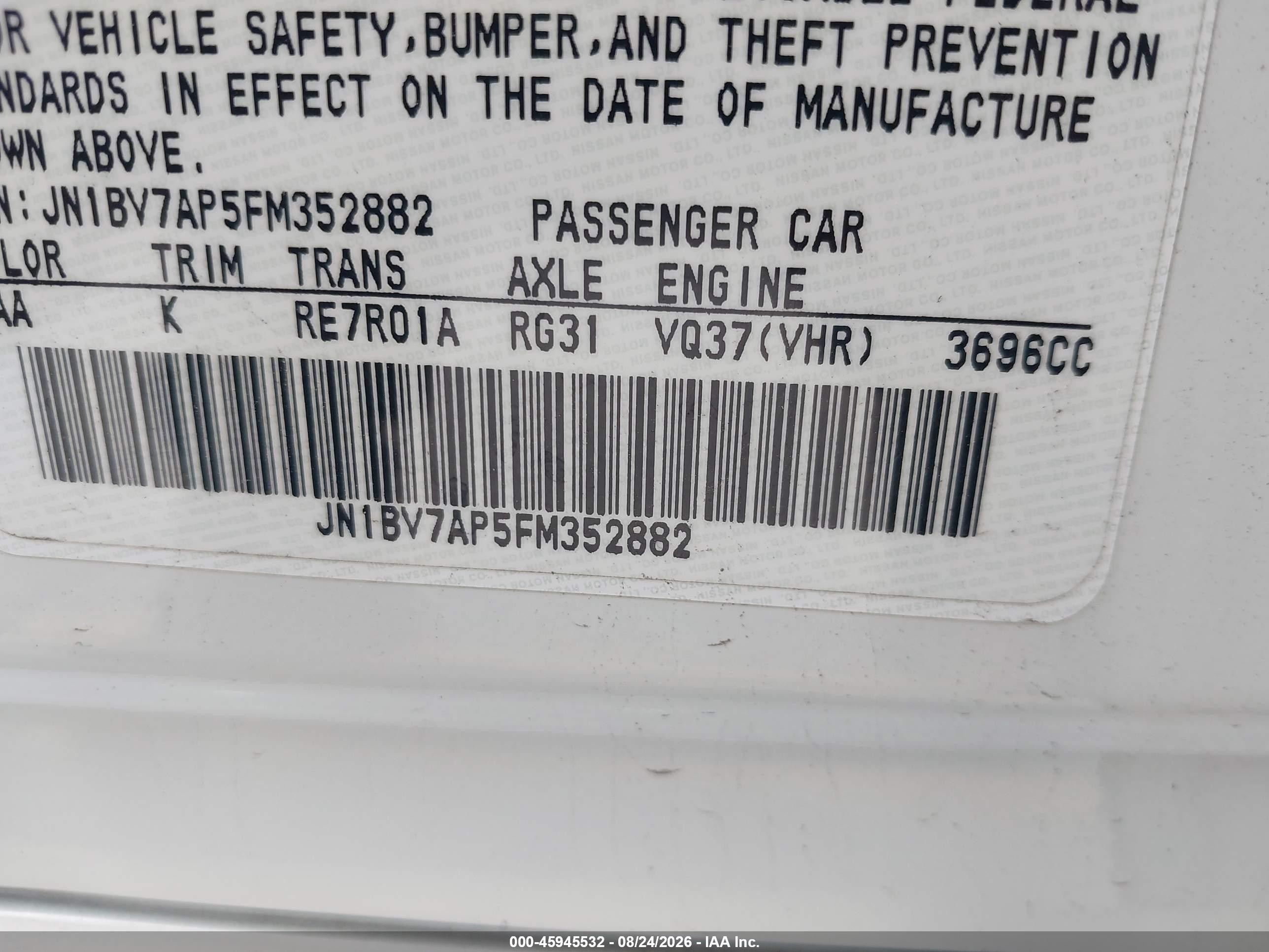 2015 Infiniti Q50   White vin: JN1BV7AP5FM352882