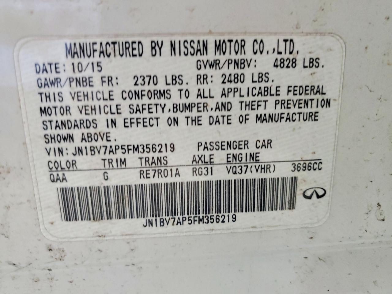 2015 Infiniti Q50 Base White vin: JN1BV7AP5FM356219