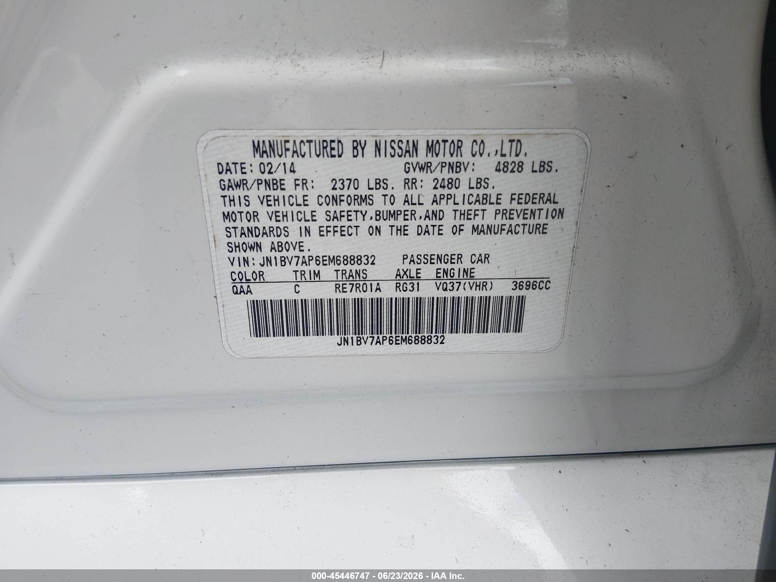 2014 Infiniti Q50 Premium White vin: JN1BV7AP6EM688832