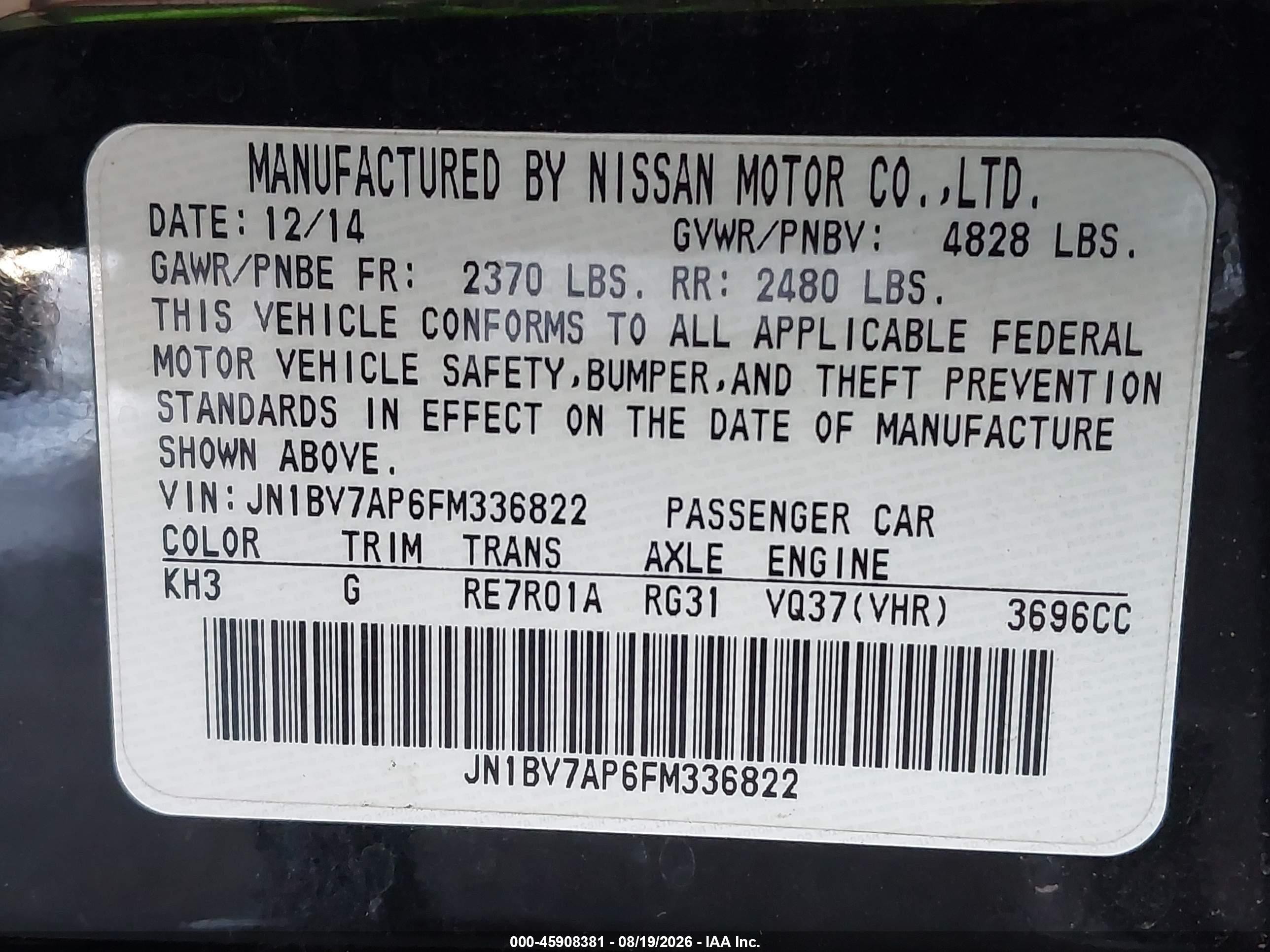 2015 Infiniti Q50 Premium/sport Black vin: JN1BV7AP6FM336822