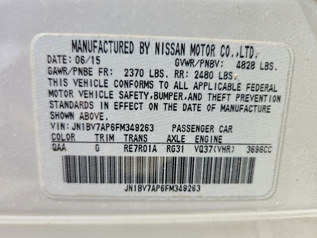 2015 Infiniti Q50 White vin: JN1BV7AP6FM349263