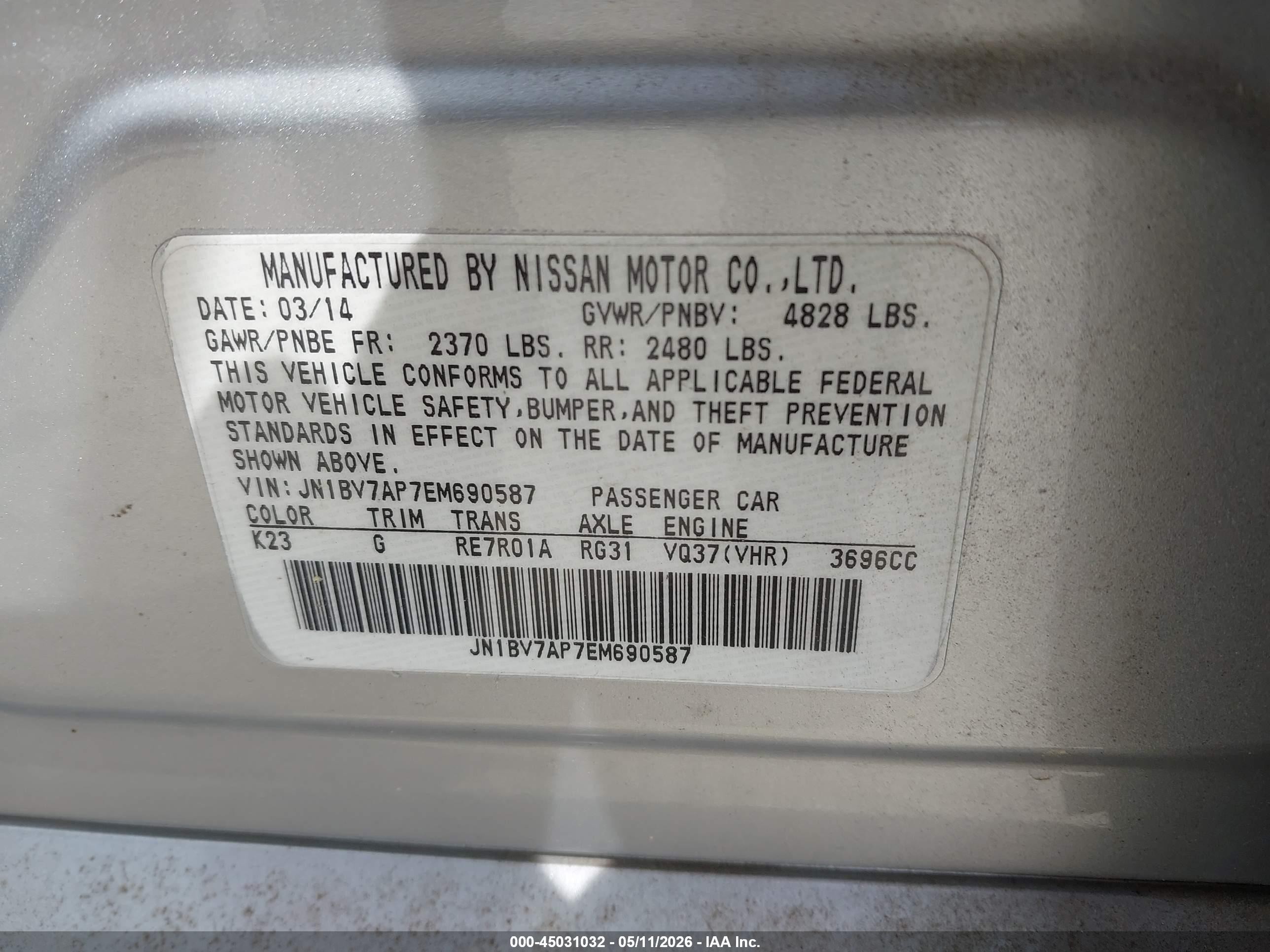2014 Infiniti Q50 Premium Silver vin: JN1BV7AP7EM690587
