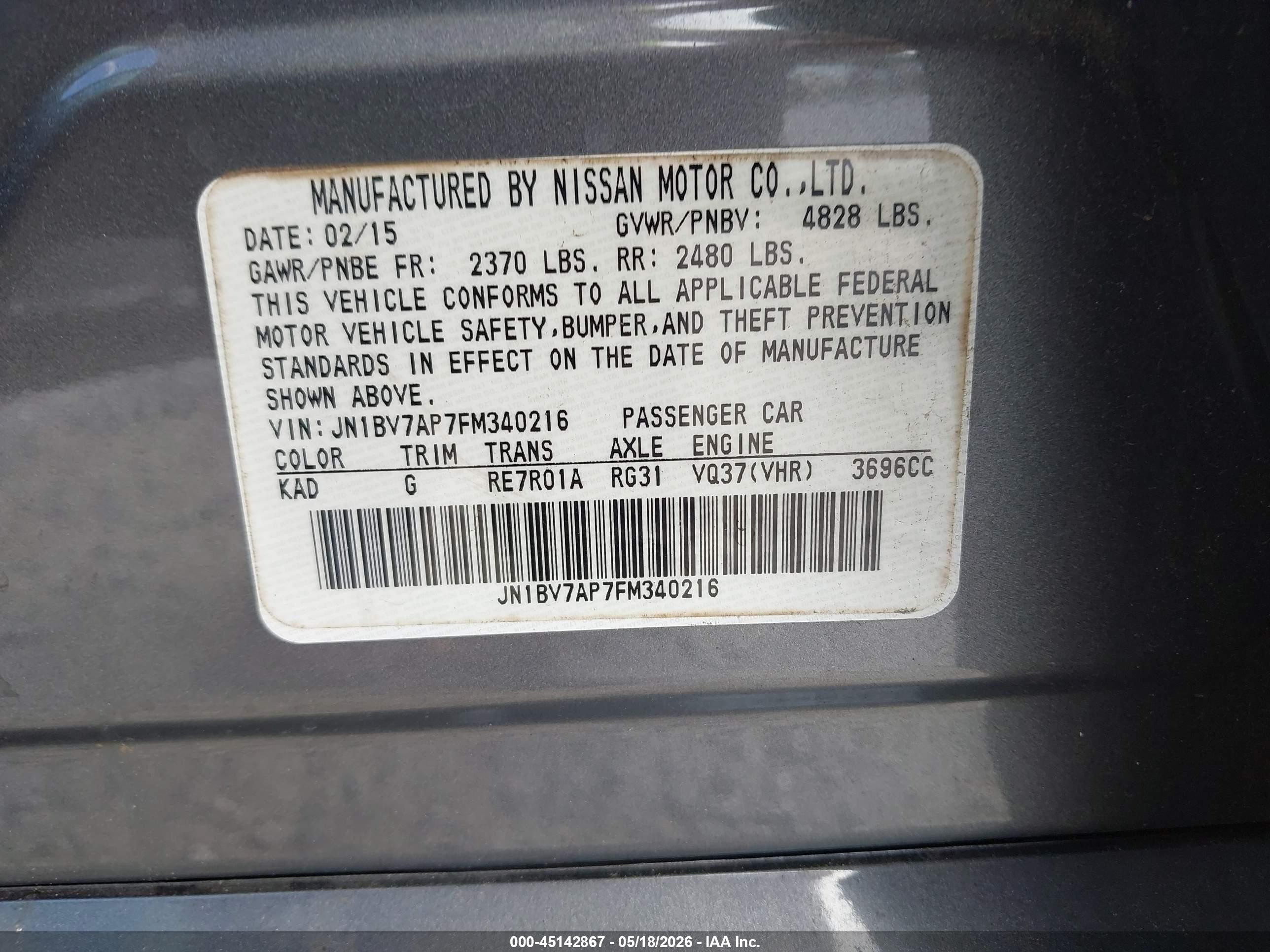 2015 Infiniti Q50 Premium Gray vin: JN1BV7AP7FM340216