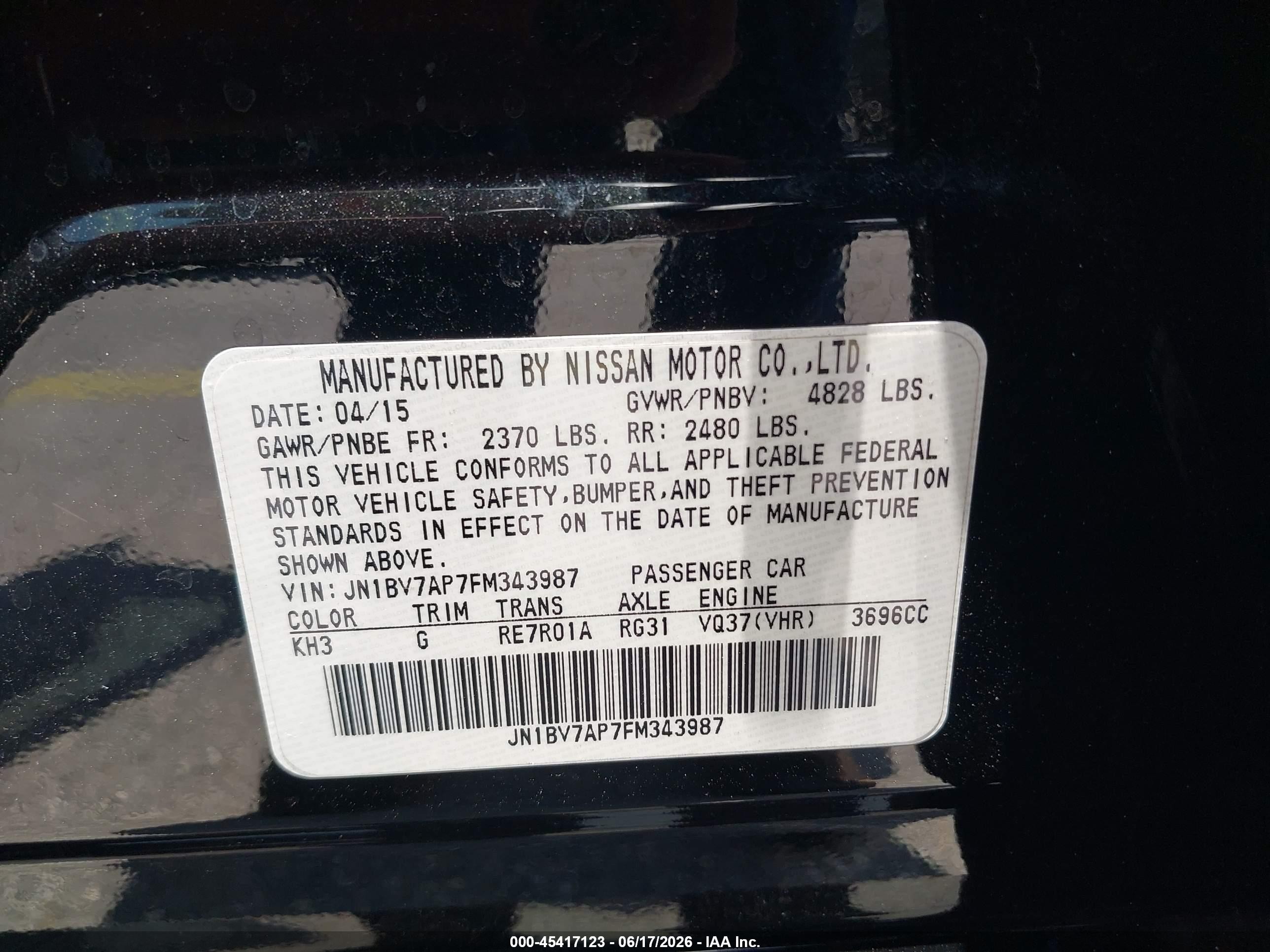 2015 Infiniti Q50 Sport Черный vin: JN1BV7AP7FM343987