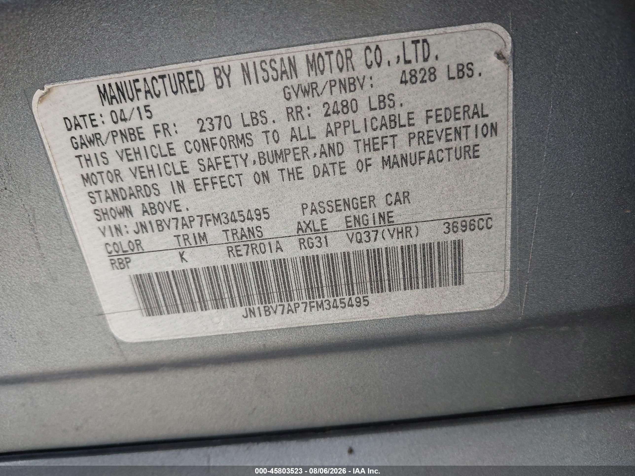 2015 Infiniti Q50   Light Blue vin: JN1BV7AP7FM345495