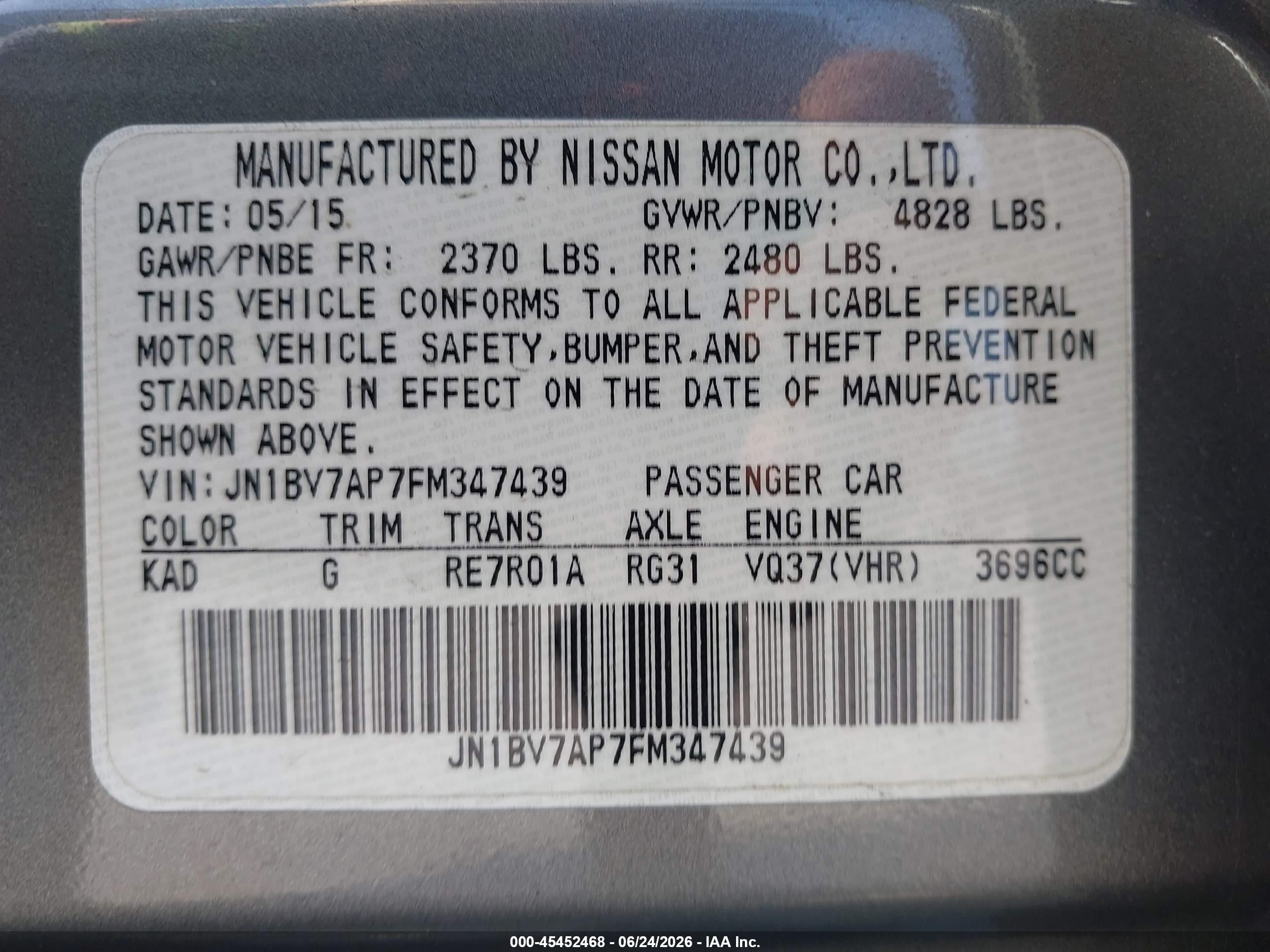 2015 Infiniti Q50 Sport Gray vin: JN1BV7AP7FM347439