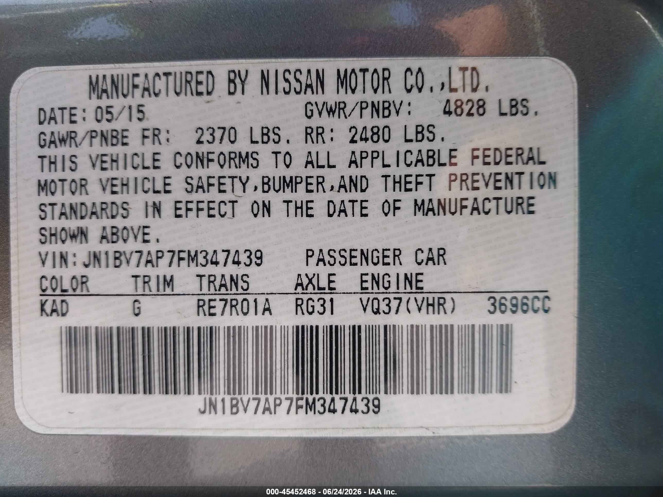 2015 Infiniti Q50 Sport Gray vin: JN1BV7AP7FM347439