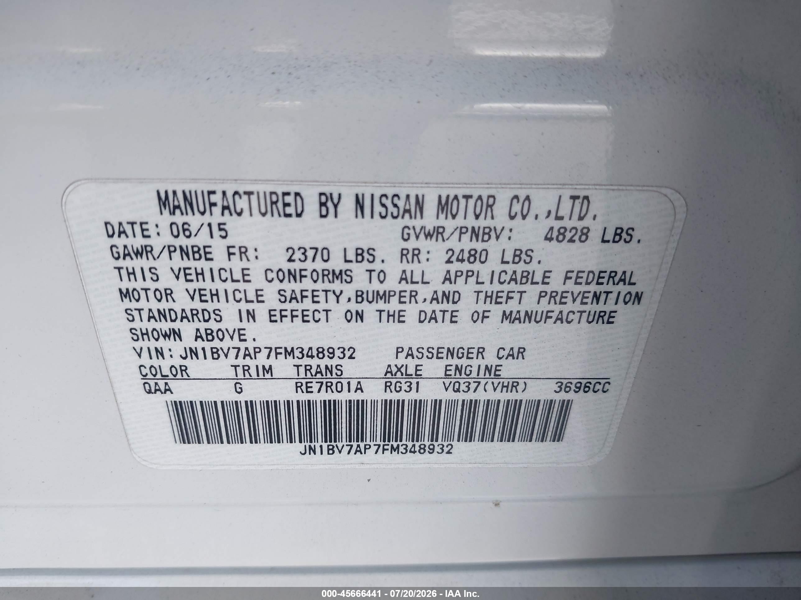 2015 Infiniti Q50 Premium White vin: JN1BV7AP7FM348932