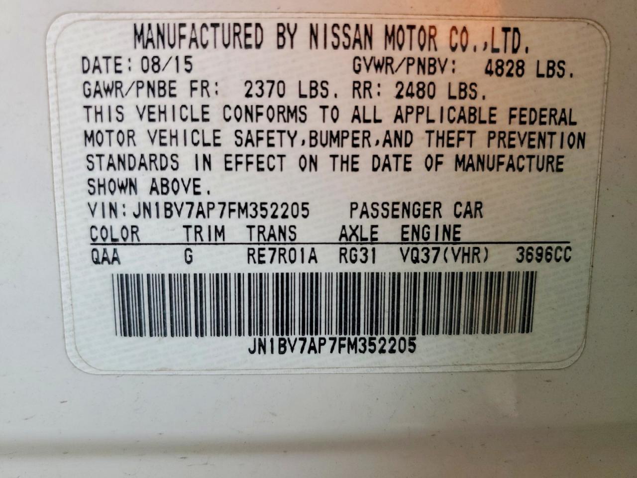 2015 Infiniti Q50 Base White vin: JN1BV7AP7FM352205