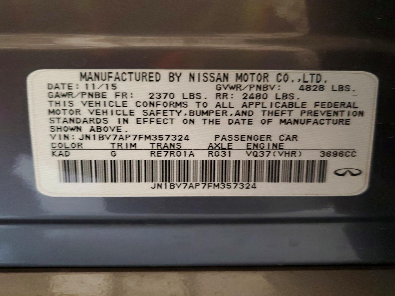 2015 Infiniti Q50 Premium Gray vin: JN1BV7AP7FM357324