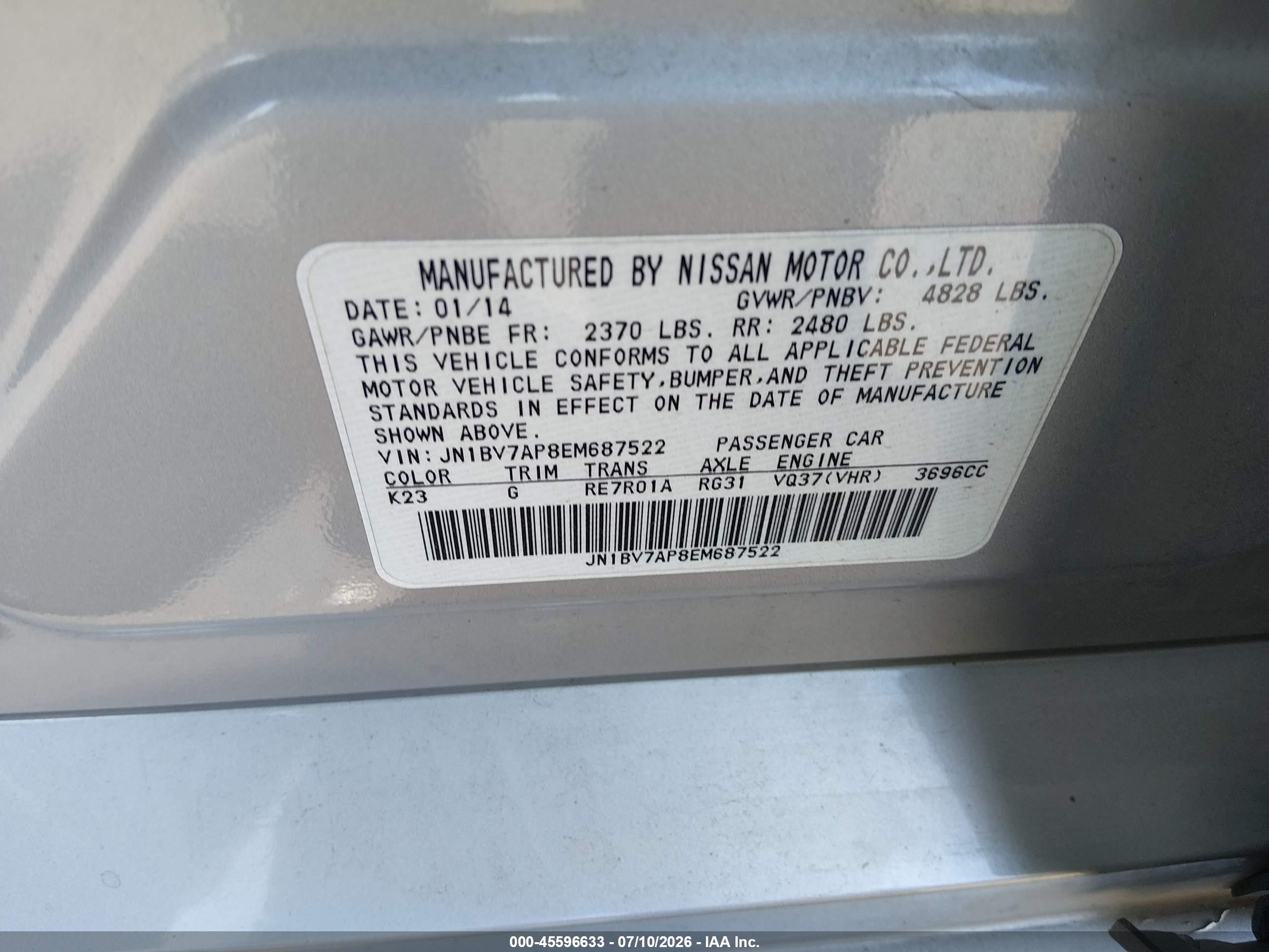 2014 Infiniti Q50 Sport Silver vin: JN1BV7AP8EM687522
