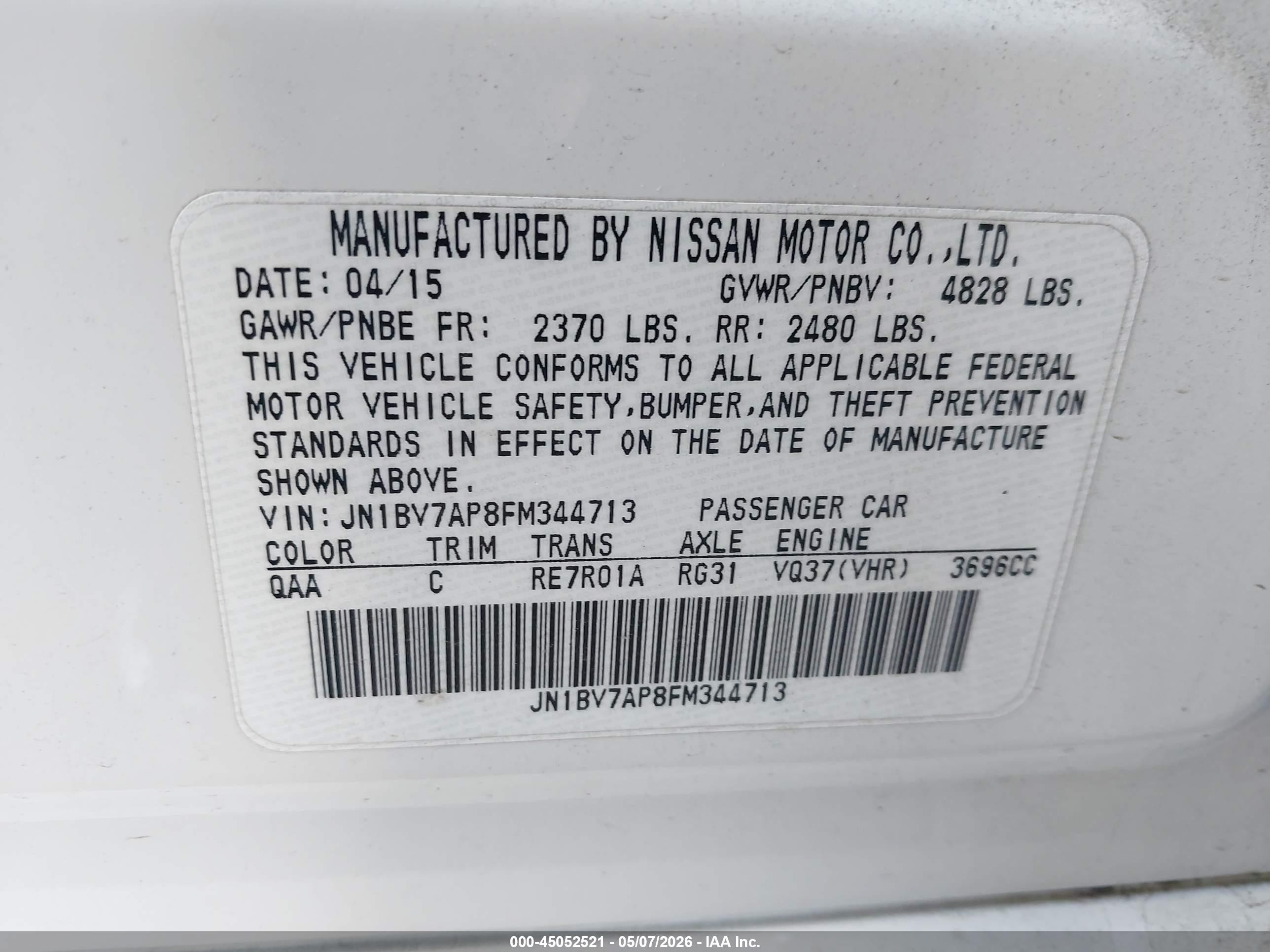 2015 Infiniti Q50 Premium White vin: JN1BV7AP8FM344713